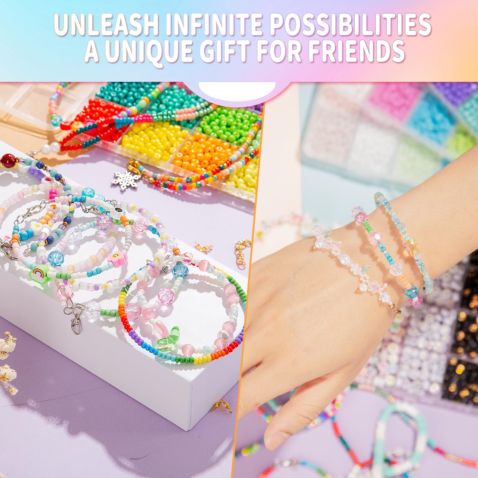 Goldwise Friendship Bracelet Kit - 4 Boxes, 48 Colors Clay & 4mm Seed Beads, Letter Beads, Charms for Jewelry & Bracelet Making for Gifts & Parties