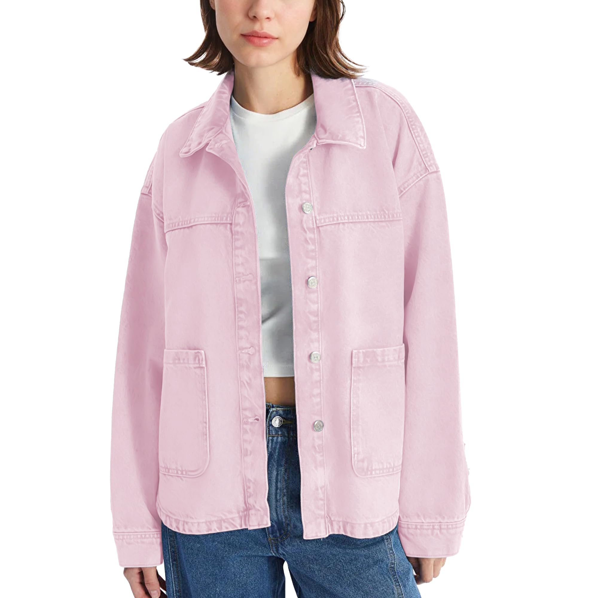 Hixiaohe Jean Jackets for Women Trendy Button Up Denim Shirt Jacket Oversized Long Sleeve Coat Fashion Clothes with Pockets