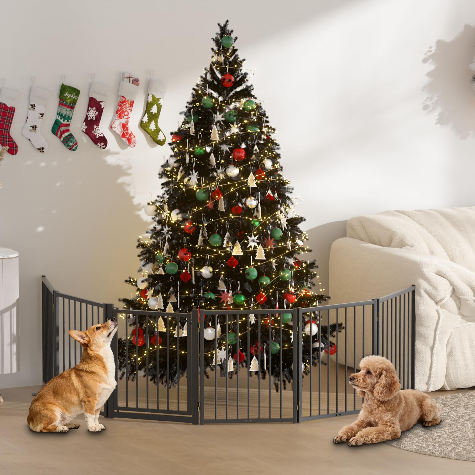 SNUOWU Full Metal Freestanding Dog Gate with Door, 24'' Height Foldable Pet Dog Fence for Indoor & Outdoor, 2 Panels Extra Wide Free Standing SmallDog Gates for Doorways,House,Stairs,Porch,Deck,Yard