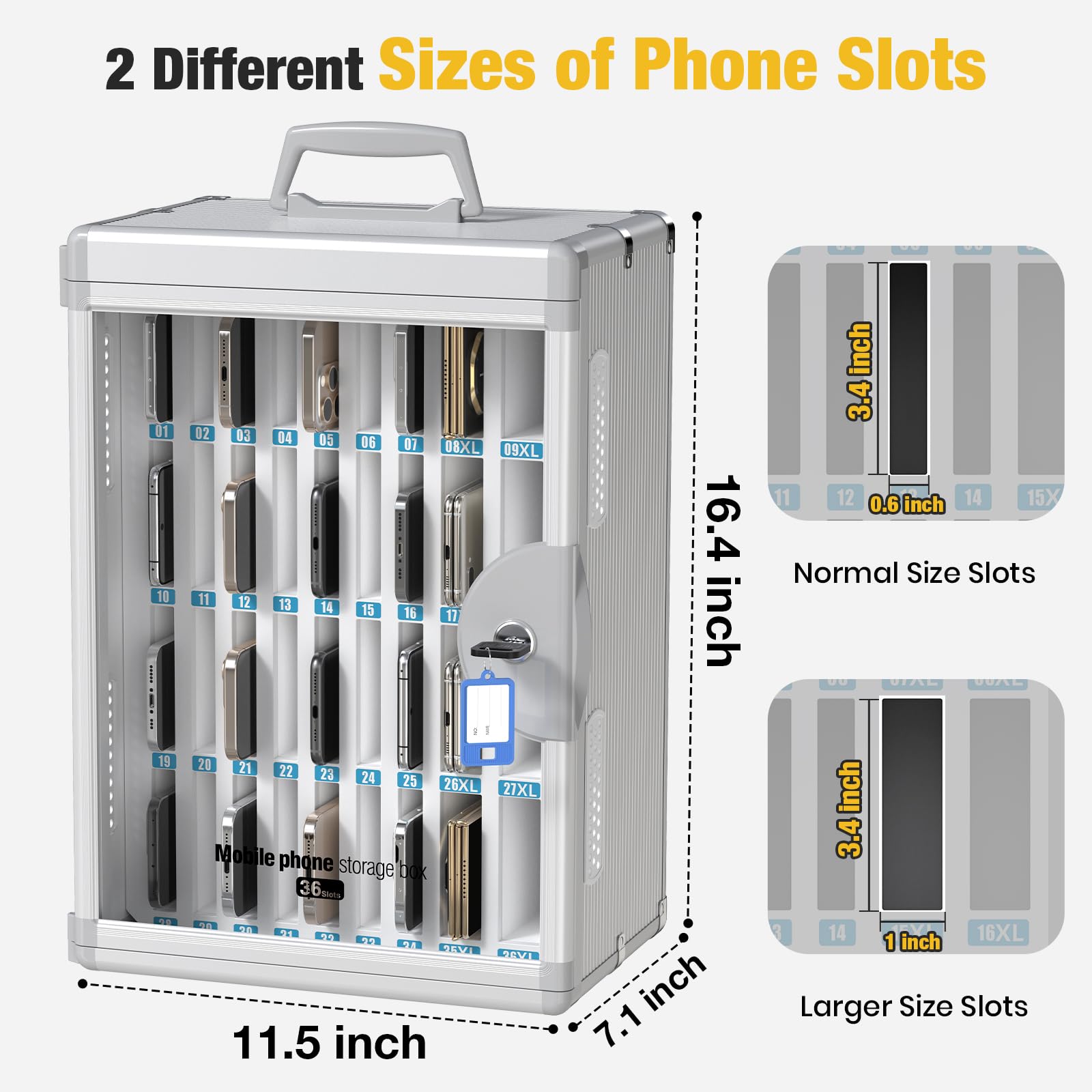 Glosen Cell Phone Locker 24 Slots, Portable Phone Storage Cabinet [Wall Mounted] [Silver 24 Slots-Universal Key ] Aluminum Alloy Cellphone Lock Box with Key & Handle for School Classroom Office Exam