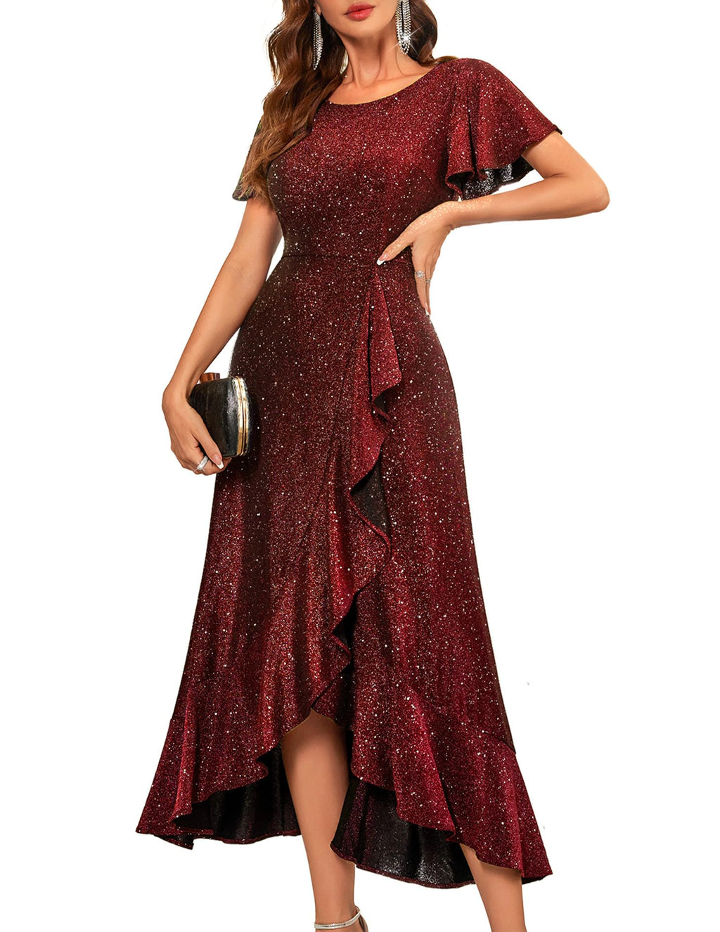 BeryLove Women Sequin Formal Party Dress Flutter Short Sleeve Wedding Cocktail Long Evening Dress