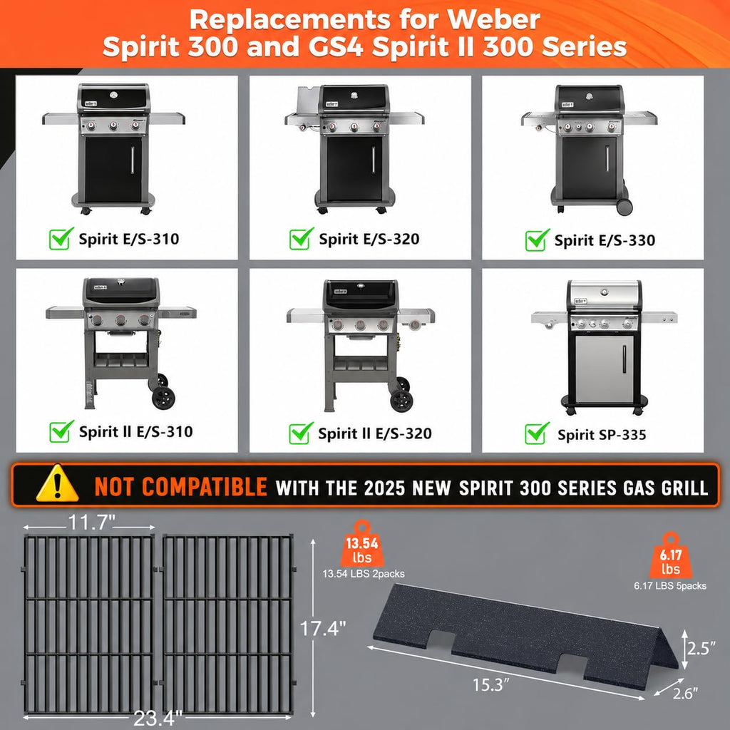 Grill Parts for Weber Genesis 300 Grills with Front Control Knob, Grill Grates for Genesis E310 S310 E/S320 E/S330, 17.5" Flavorizer Bars&Heat Deflectors, 19.5" Grill Grates for Weber 7524 7621 65505