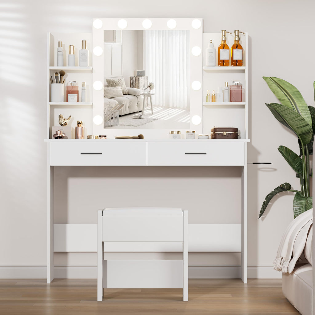 YIKEHOME Makeup Vanity Desk with Mirror and 10 Lights, 3-Colour Hollywood Brighter Bulbs, Vanity Table Set with Large Drawers and and Charging Station for Bedroom Dressing Room White