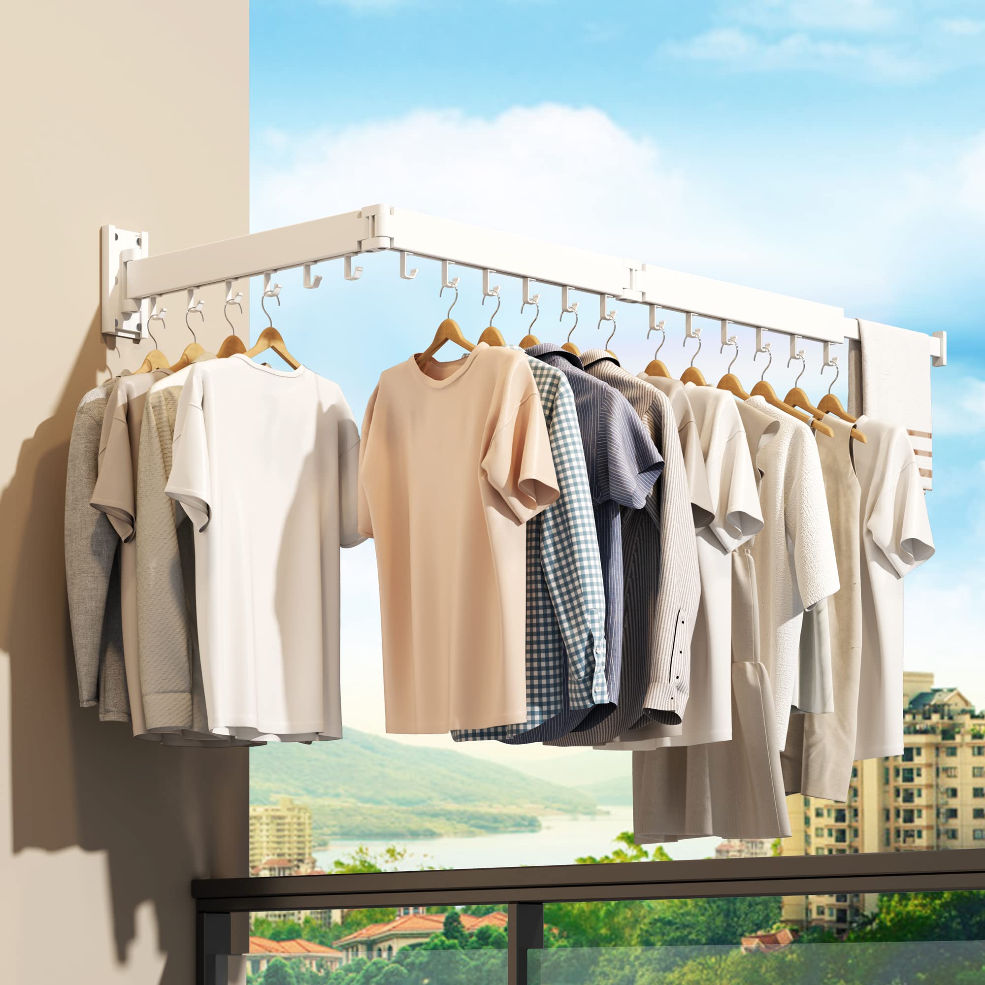 HEILAIYI Clothes Drying Rack for Laundry,Wall Mounted Clothes Hanger Rack,Folding,Retractable,Collapsible(J Shape Hooks)