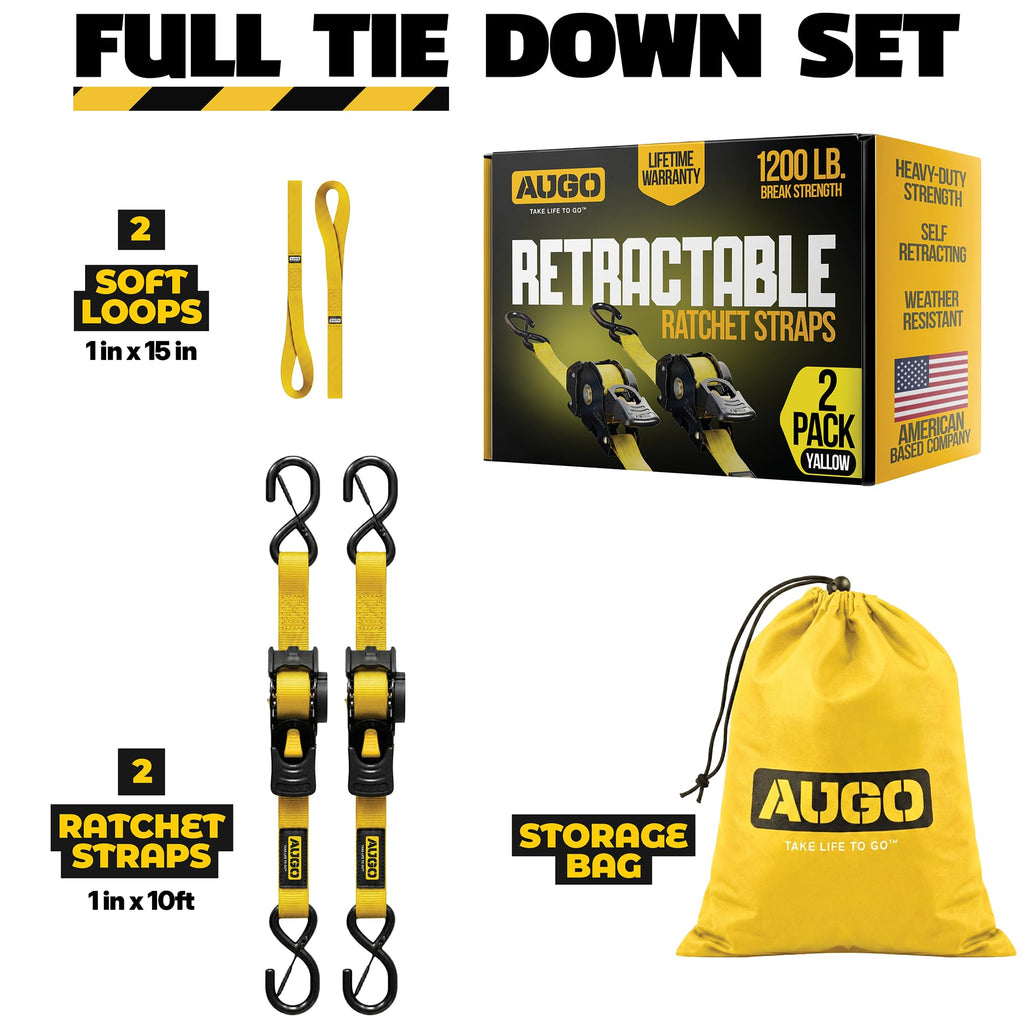 AUGO Retractable Ratchet Straps | 2 Heavy Duty Ratchet Straps Self Retractable Tie Downs with Soft Loops & Storage Bag for Motorcycle, Truck, Trailer, Cargo Van | 1200 Lb Break Strength 1” x 10’