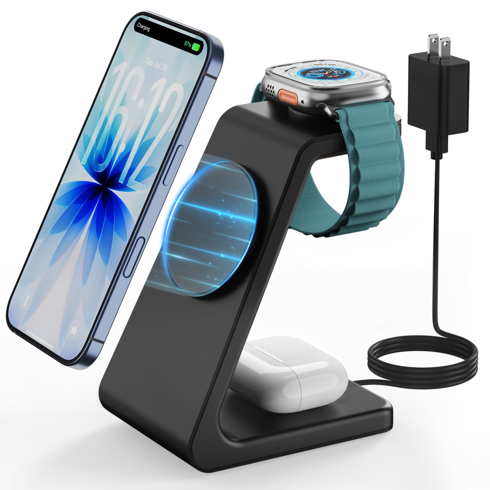 GEEKERA 3 in 1 Wireless Charging Station, Foldable Wireless Charger Stand for Multiple Apple Devices for iPhone 17 16-8, Apple Watch Ultra//11/10/9/SE/8/7/6/5, AirPods Pro/4/3/2
