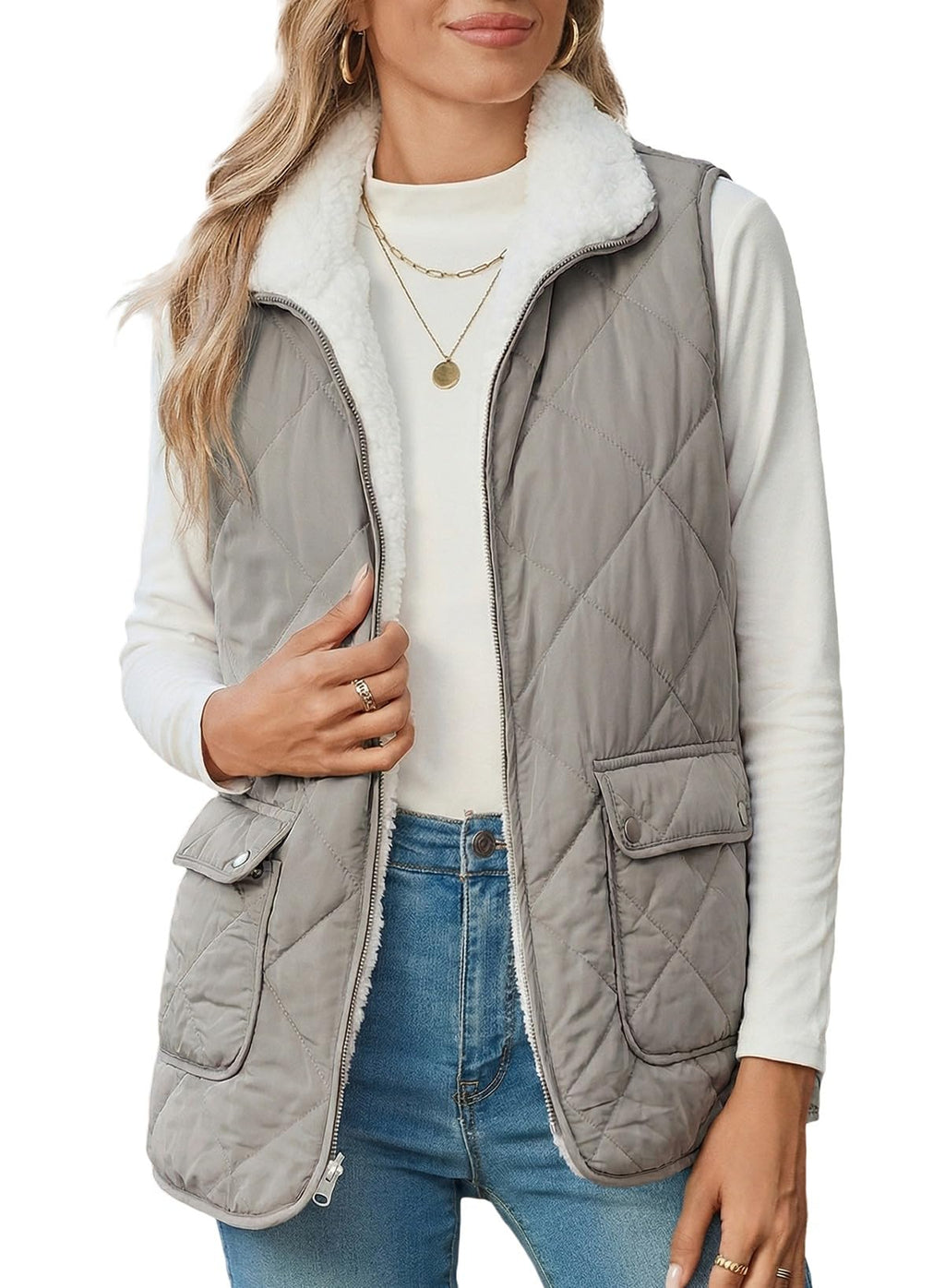 SHEWIN Women Puffer Vest Casual Stand Collar Sleeveless Puffer Jacket Warm Winter Reversible Zip Up Outerwear with Pockets