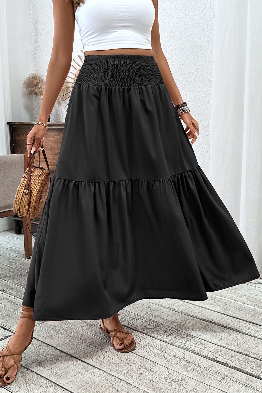 Women's Smocked High Waist Maxi Skirt Casual Boho Long Skirts with Pockets
