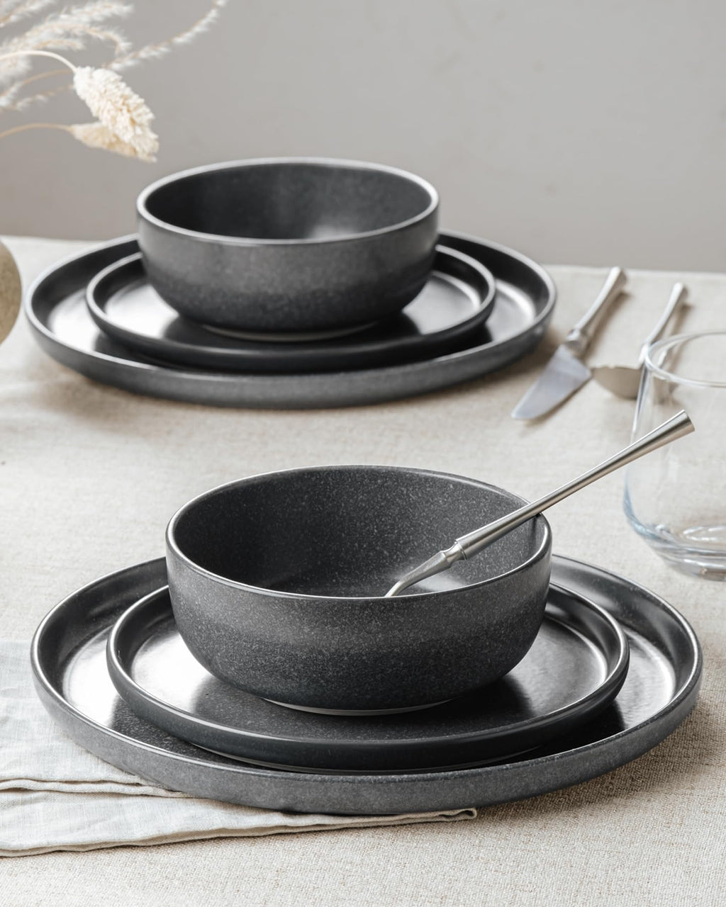 Famiware Pluto Stoneware Dinnerware Sets, 12-Piece Double Reactive Glaze Plates and Bowls Sets, Dishware Sets for Everyday & Formal Dining, Irregular Edge Dishes, Service for 4, Matte Beige White