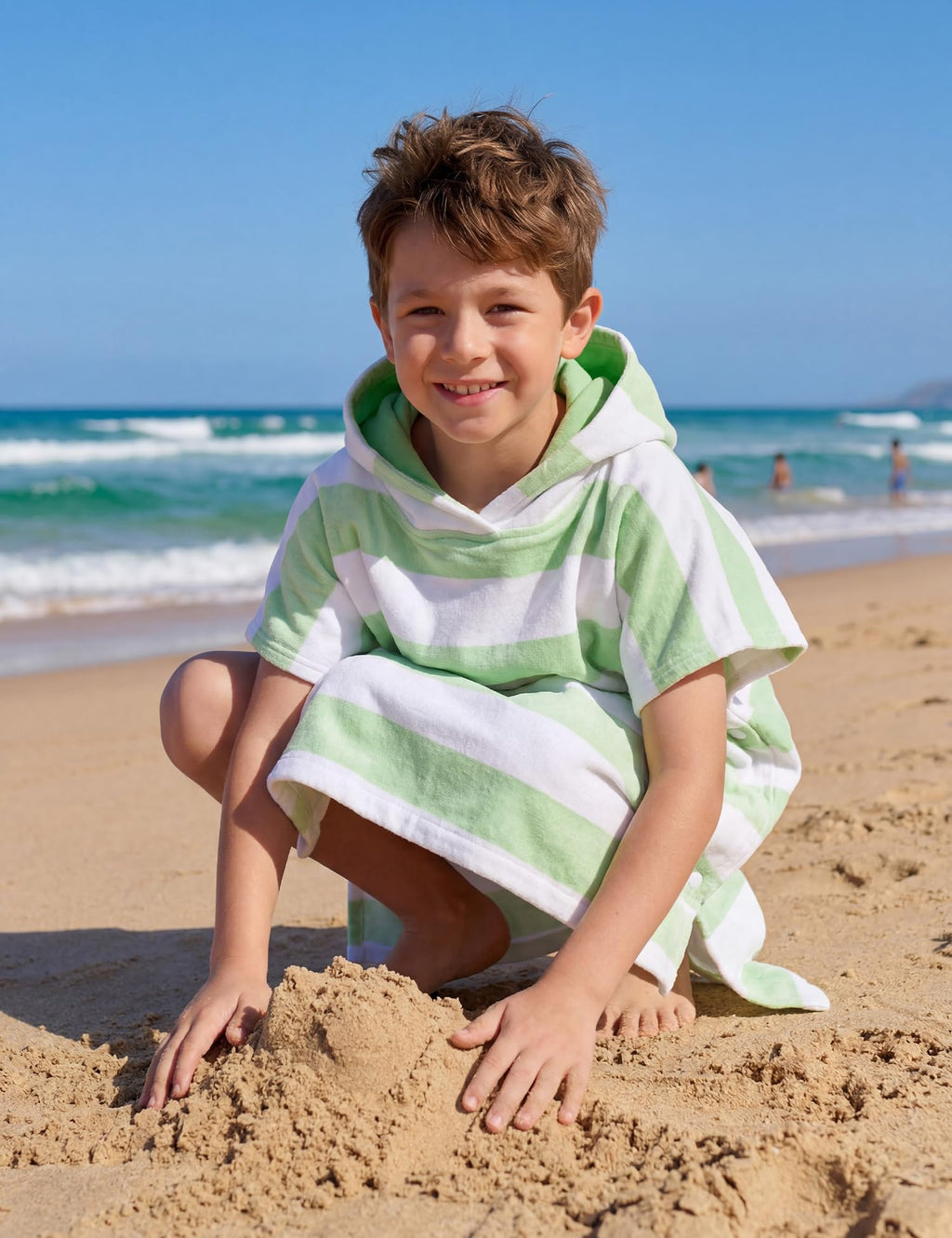 TBEZY Toddler Bath Towel Poncho Thick Cotton Striped Beach Towels for Kids Gifts, Blue, 5-10 Years