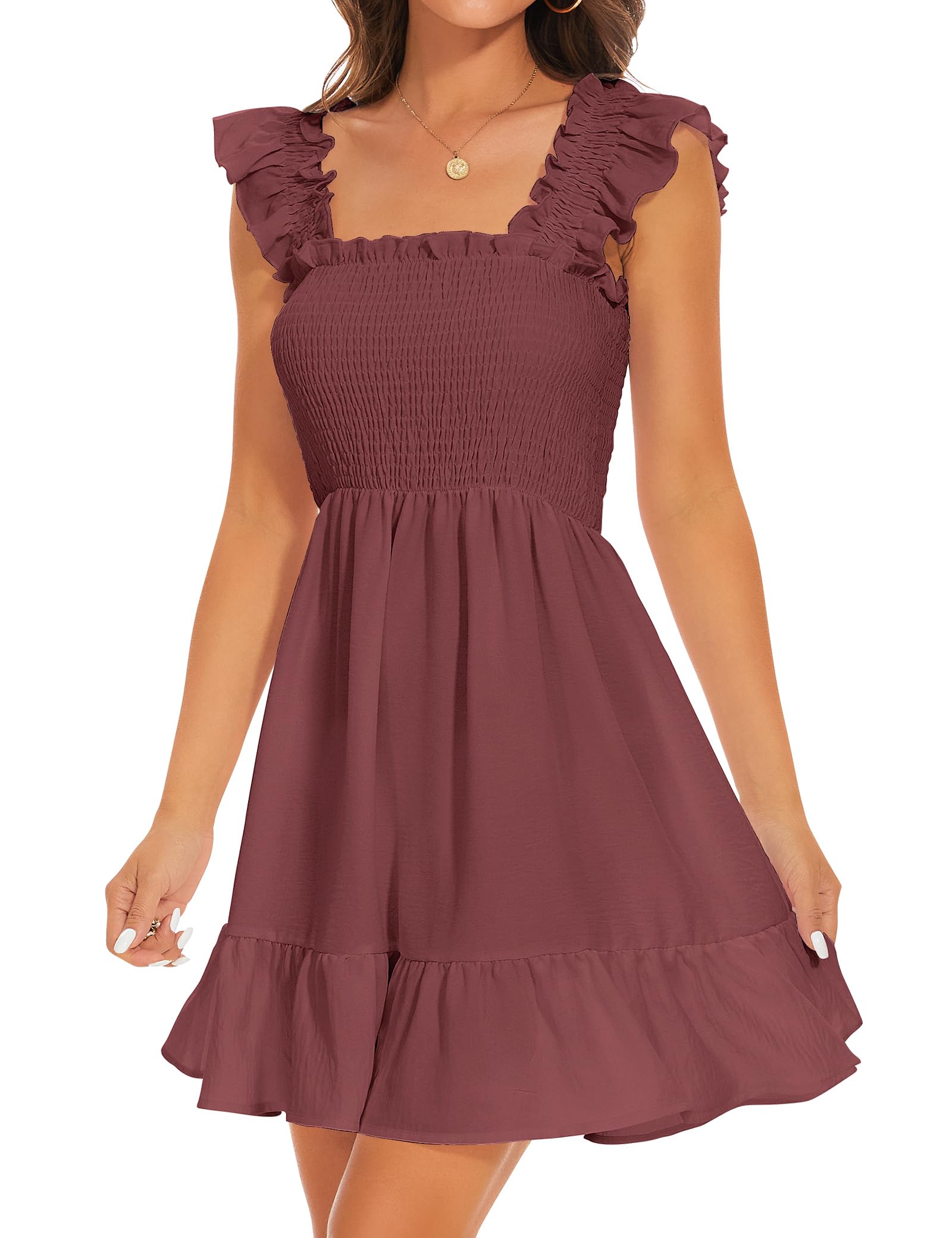 ROYLAMP Women's Smocked Dresses Square Neck Elegant Tiered Boho Ruffle Shoulder Swing Flowy Summer Casual Mini Dress