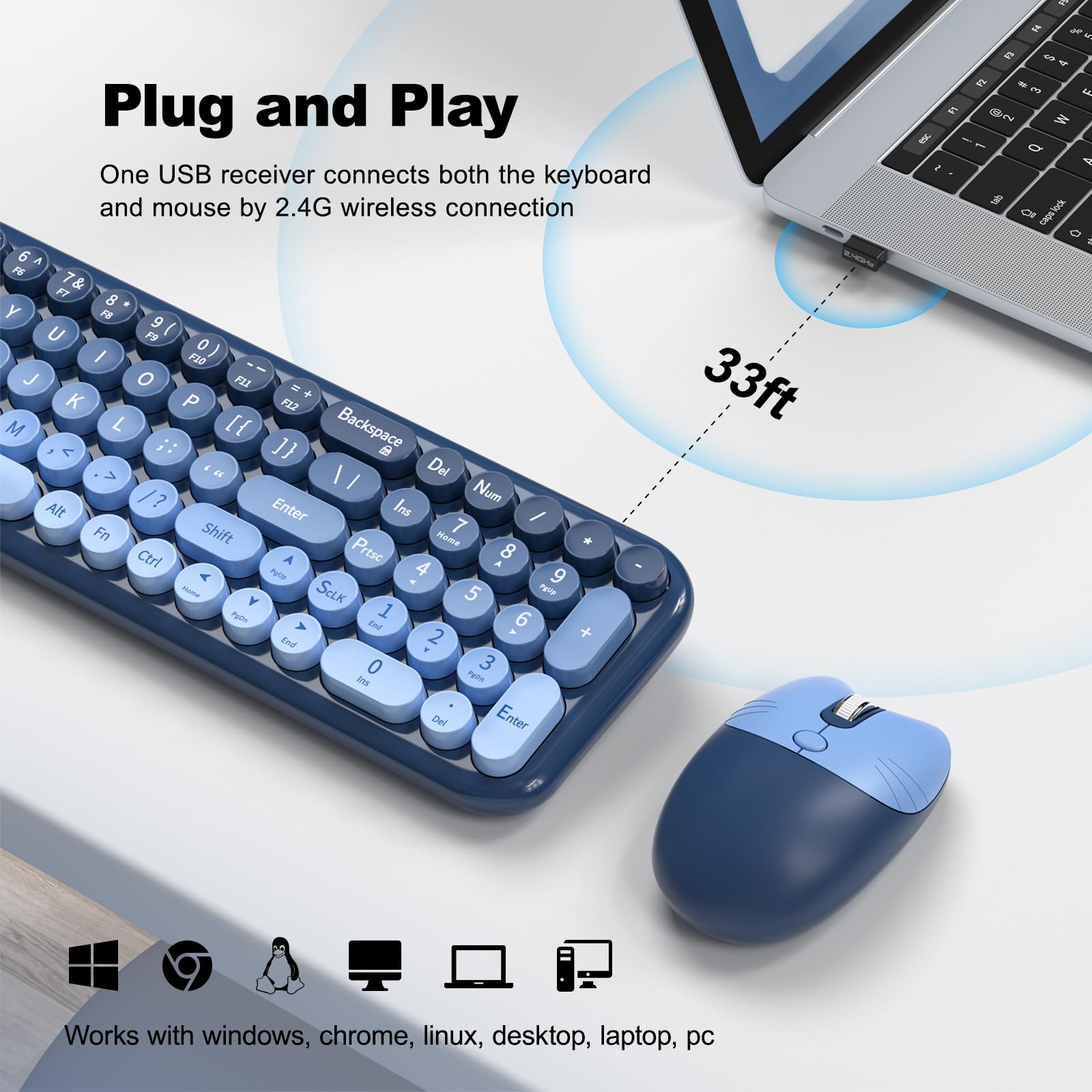 MOFII Wireless Keyboard and Mouse Combo, Compact Typewriter Retro Round Computer Keyboard and Mouse Set, Plug and Play, for Windows, Computer, Desktop, PC, Notebook - Black Green Gradient