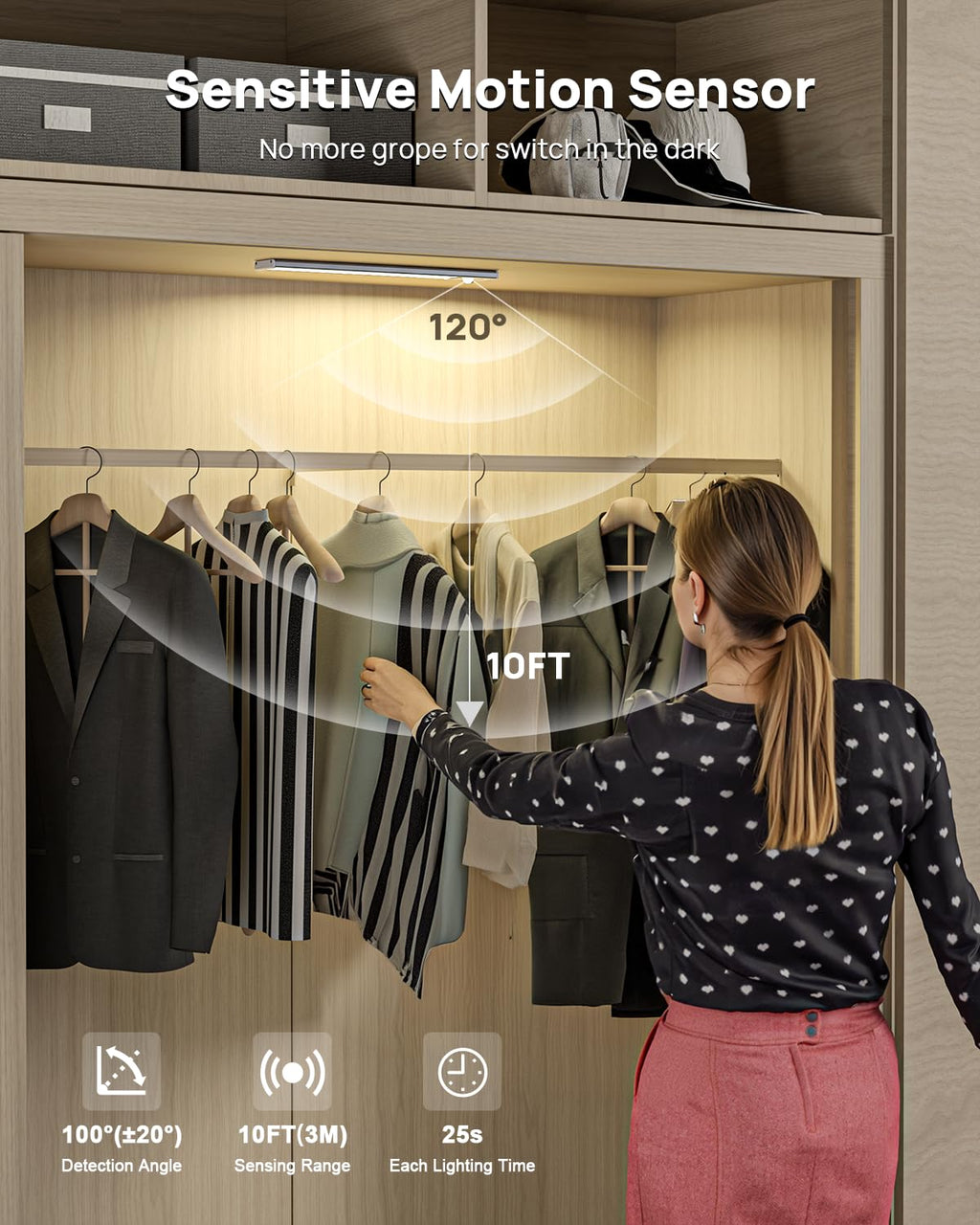 9" Under Cabinet Lights Wireless, Motion Sensor Light Indoor with Remote, LED Rechargeable Closet Light, 3 Color Temps, Dimmable, Magnetic, Under Counter Lights for Kitchen, Stairs, Pantry, Hallway