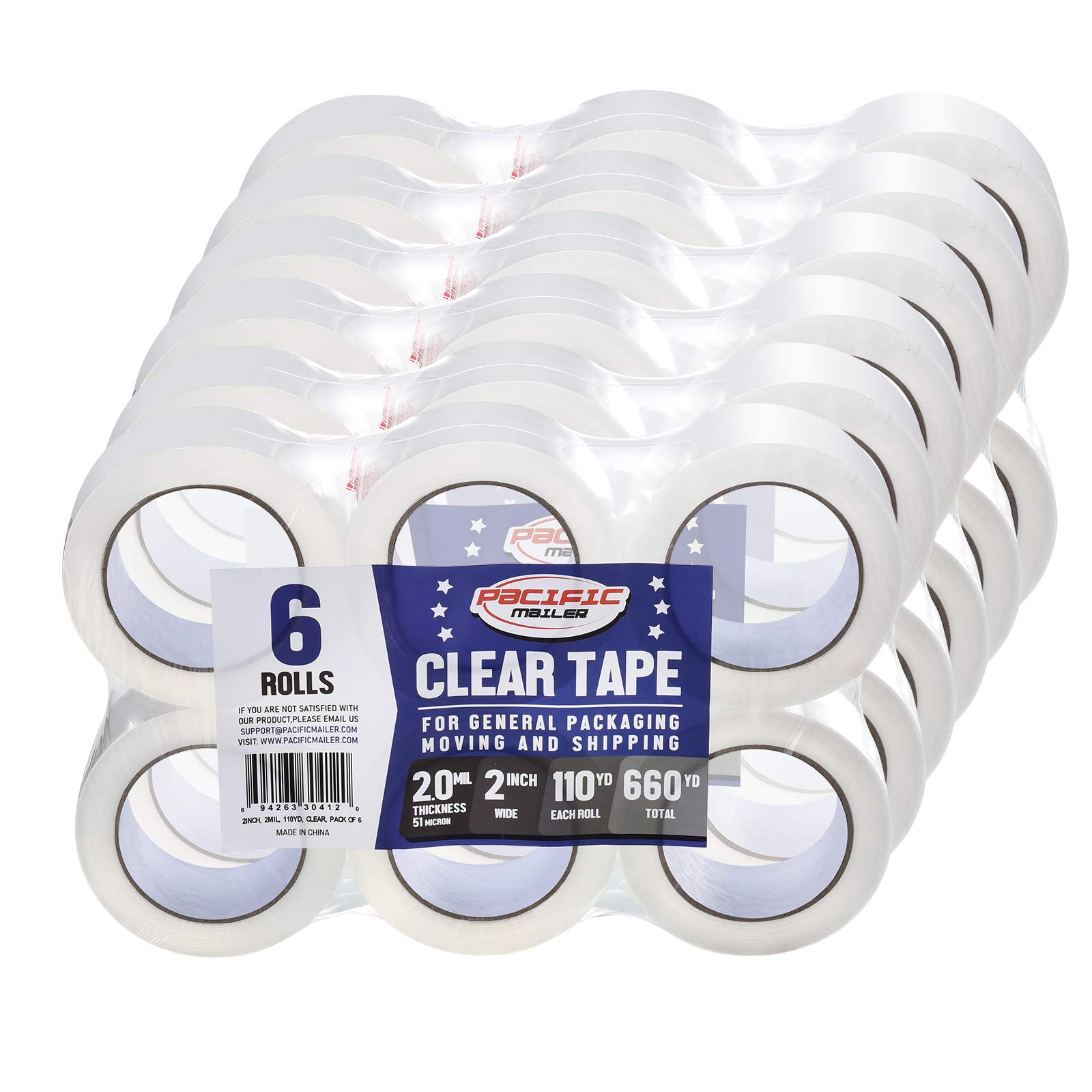 Pacific Mailer Clear Packing Tape, 2 Inch Wide, 2.0mil Thickness, 110 Yard Per Roll [Pack of 6 Rolls]
