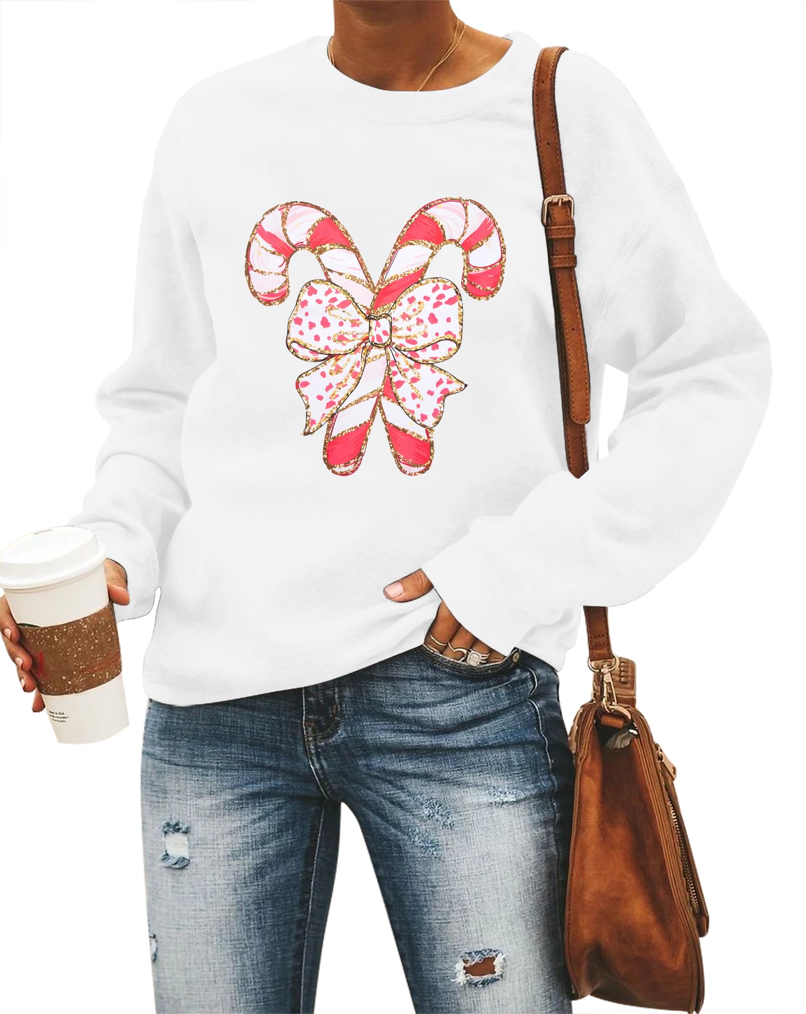Christmas Sweatshirts Women Candy Canes Graphic Sweatshirt Vintage Xmas Long Sleeve Shirt Pullover Tops