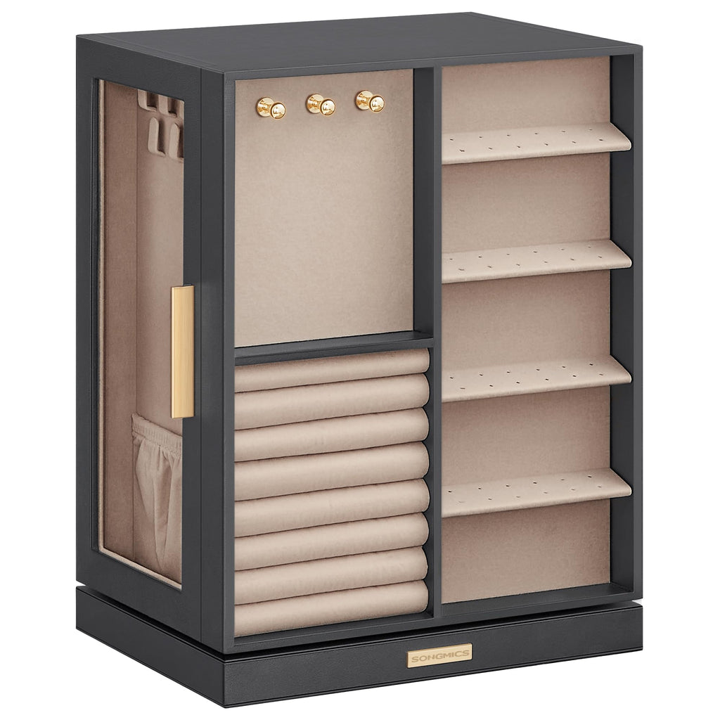 SONGMICS GISELLA Collection - Jewelry Box Organizer 360° Rotating, Vertical Jewelry Storage Case with 5 Drawers, Glass Window, Spacious, Open Design, Great Gift, Cloud White UJBC170W01