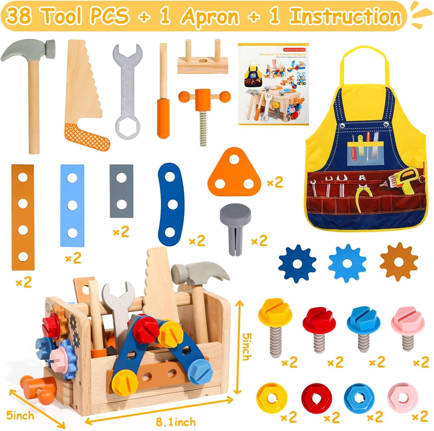 TONZE Kids Tool Set with Apron, 39 PCS Wooden Toddler Tool Bench Box Montessori Toys for 2 3 4 Year Old Boys Girls, Educational STEM Construction Toys Pretend Play Toddler Toys Age 3-5 Birthday Gift