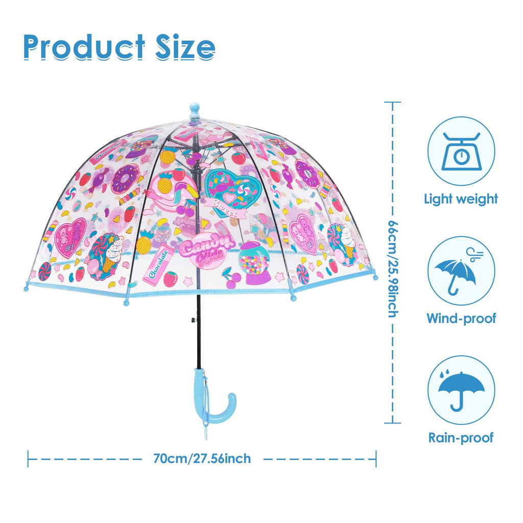 decalsweet Kids Umbrella Clear Bubble Umbrellas for Rain,Transparent Dome Safety Windproof Umbrella with Easy-Grip Hook Handle for Toddler Girls and Boys