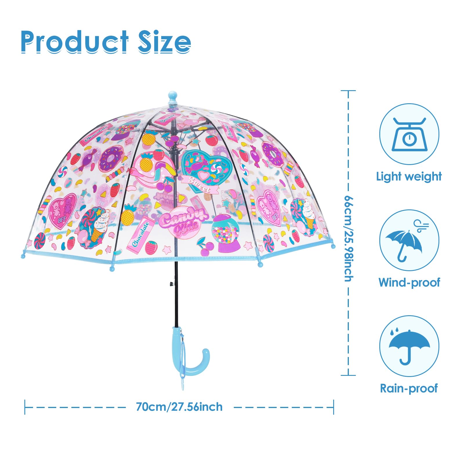 decalsweet Kids Umbrella Clear Bubble Umbrellas for Rain,Transparent Dome Safety Windproof Umbrella with Easy-Grip Hook Handle for Toddler Girls and Boys