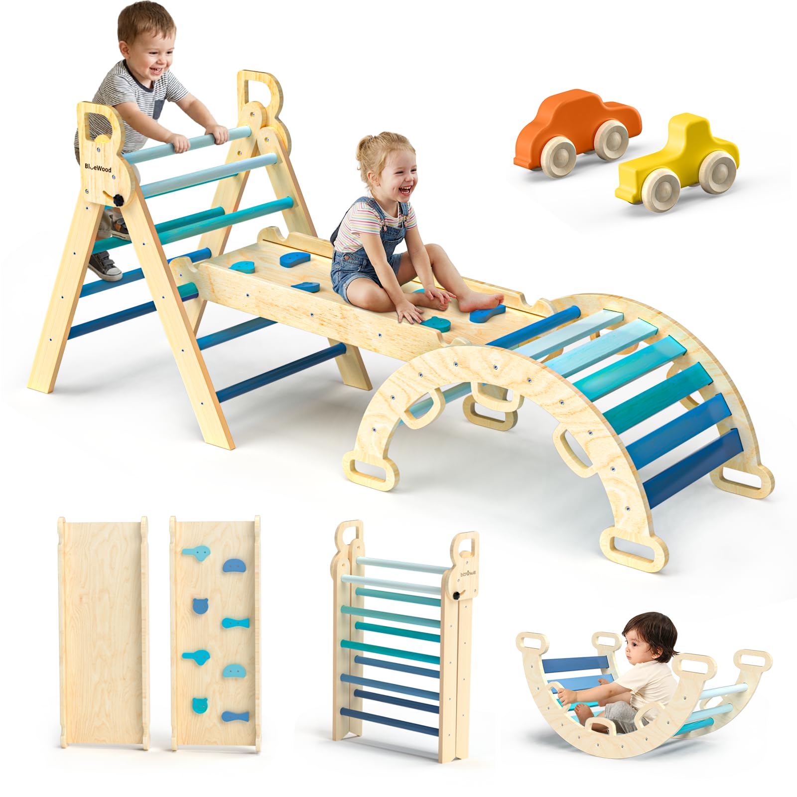 BlueWood Pikler Triangle Set with Safe Handle, Foldable 7-in-1 Montessori Toddler Climbing Toys Indoor, Wooden Pickler Climbing Set, Baby Jungle Gym & Playground, Climbing Toys for 1-3 Year, Colorful