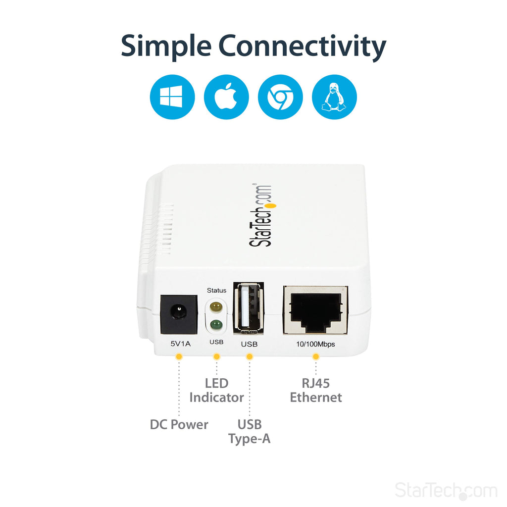 StarTech 1-Port USB 2.0 Network Print Server, 10/100 Mbps Auto-sensing, Wired Ethernet LAN USB Printer Server Adapter, TAA Compliant