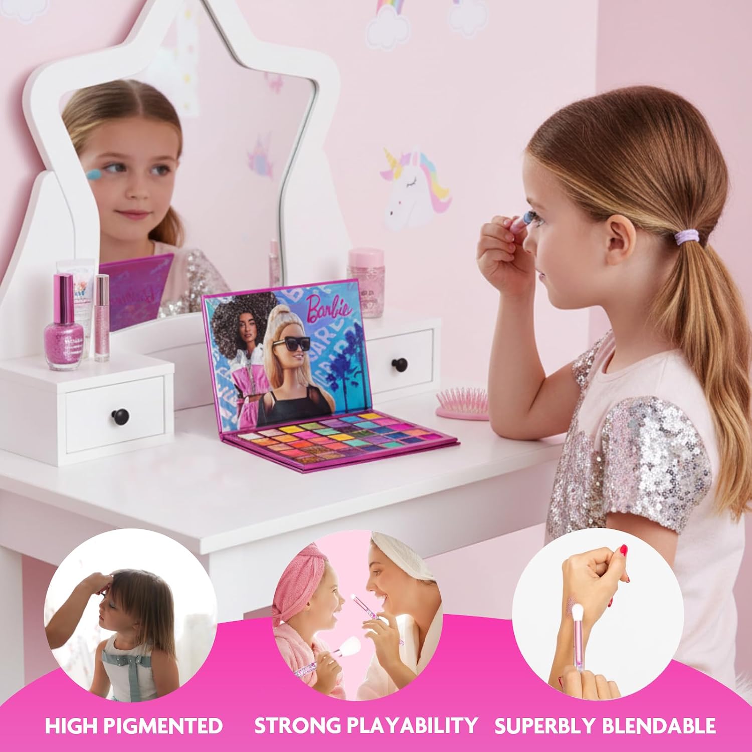 Barbie 35 Well Shadow Palette, Shimmery and Opaque Colors, Pigmented Blendable, 8 Application Brushes Ages 8+, by Townley Girl