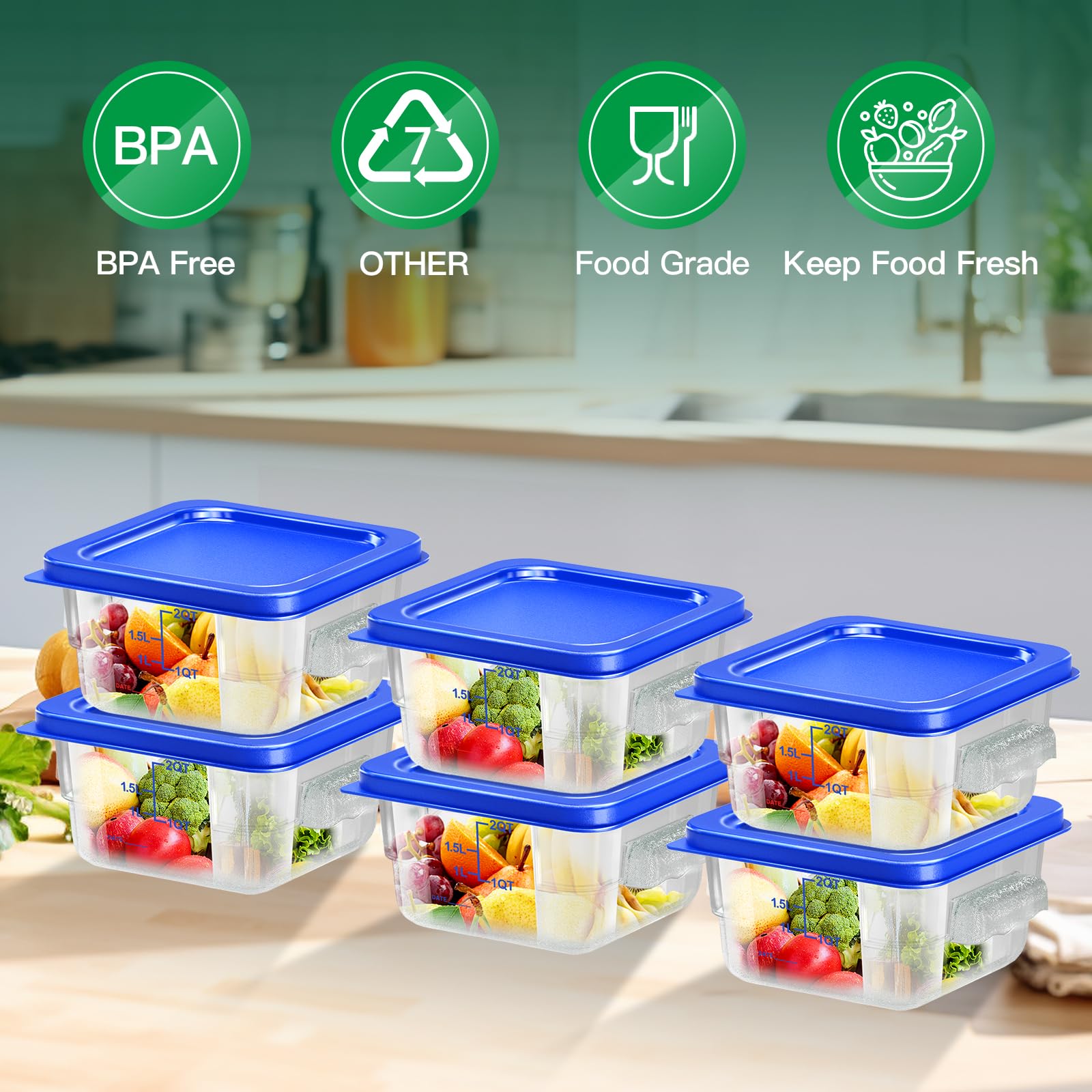 6 pcs 2qt Food Storage Containers with Lid, Square Clear Commercial Storage Containers with Handle and Scale for Food Storage in Home Kitchen & Dining (Green)
