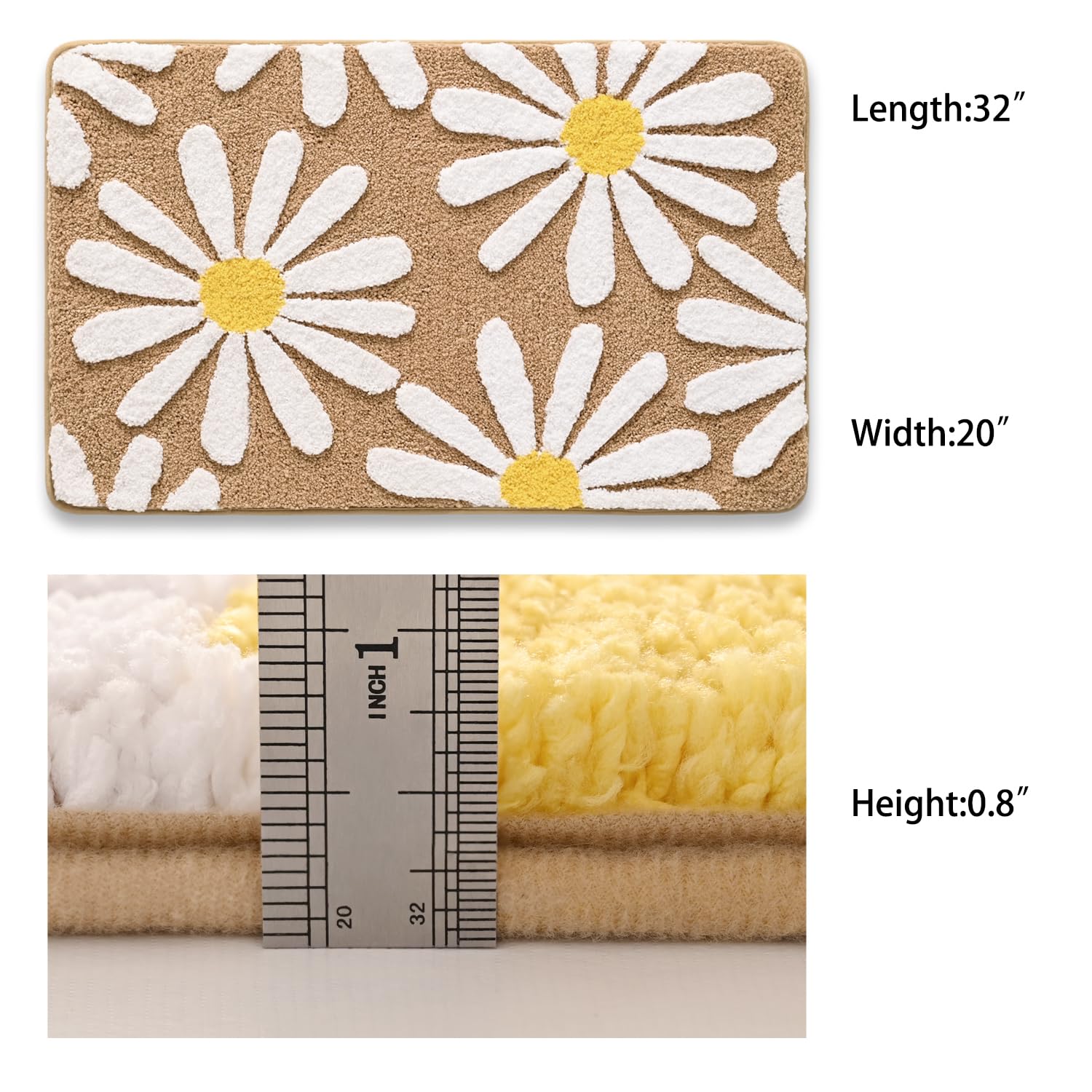 QJHOMO Beige Bathroom Rugs Cute Daisy Bath Mat White and Yellow Flower Decor Rug Non Slip Floor Carpet Microfiber Bathmat Super Absorbent Machine Washable Bathtub Mats for Shower (16x24 inch)