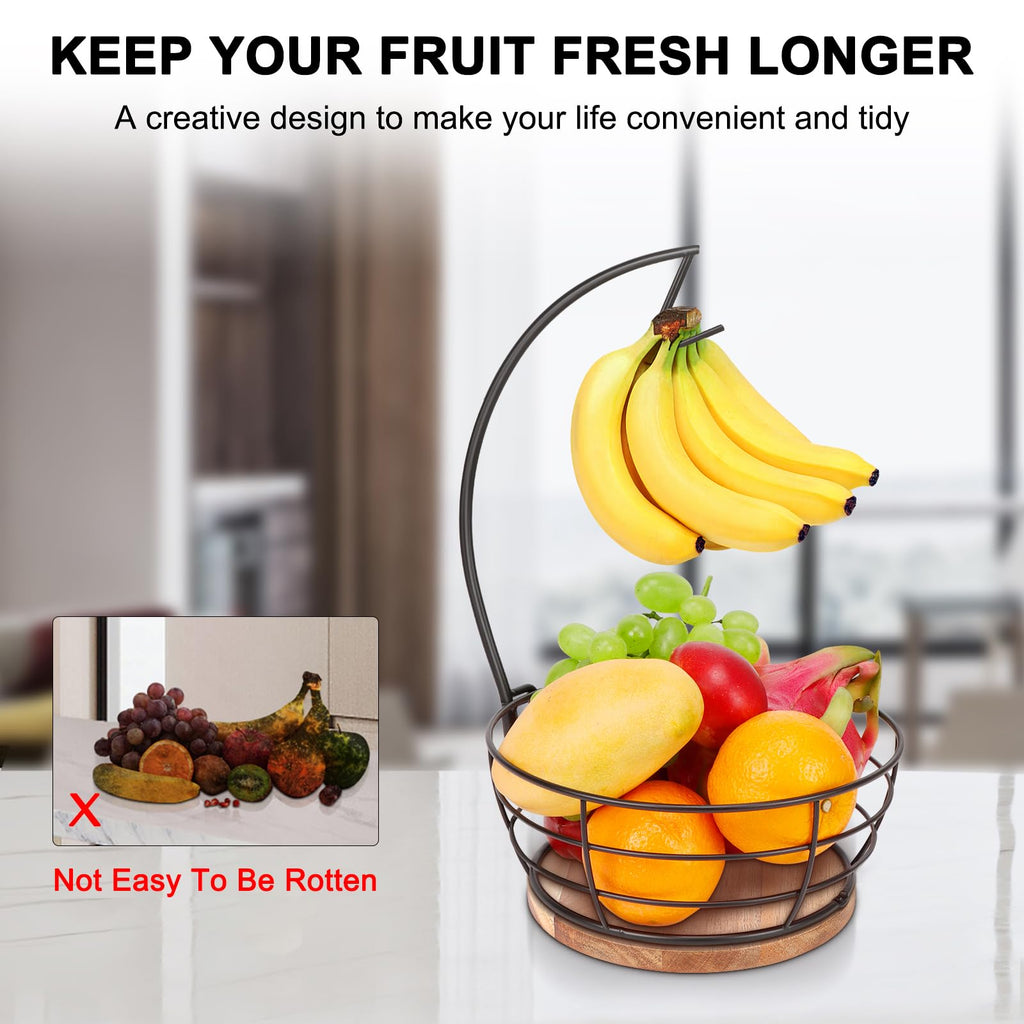 Livabber Countertop Fruit Basket Bowl with Banana Hanger, Modern Standing Fruit Vegetable Bowl Storage, with Banana Tree Holder for Kitchen Dinning Table (Round Marble, Black)