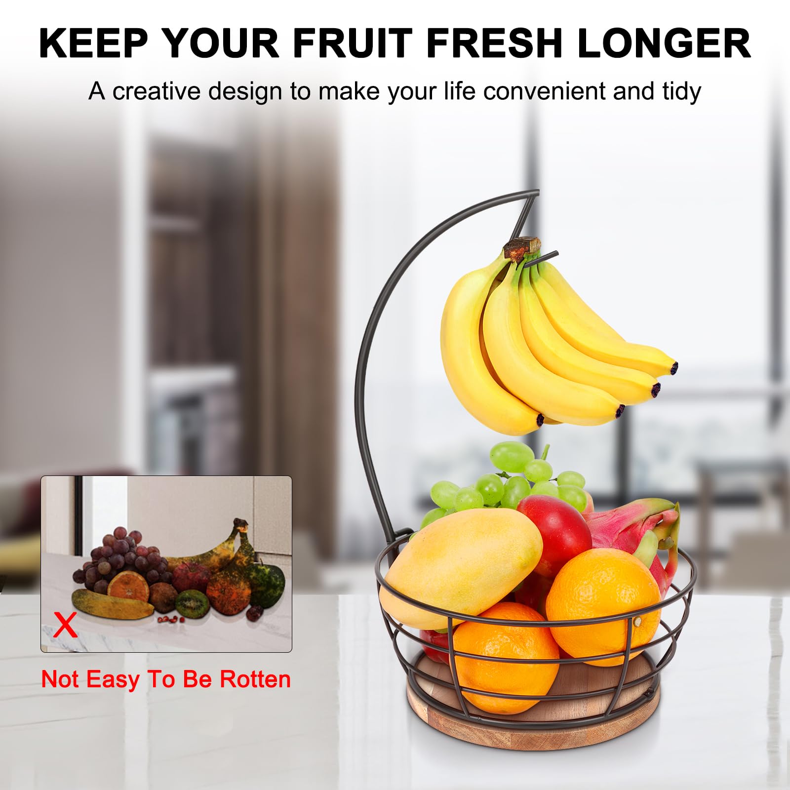 Livabber Countertop Fruit Basket Bowl with Banana Hanger, Modern Standing Fruit Vegetable Bowl Storage, with Banana Tree Holder for Kitchen Dinning Table (Round Marble, Black)