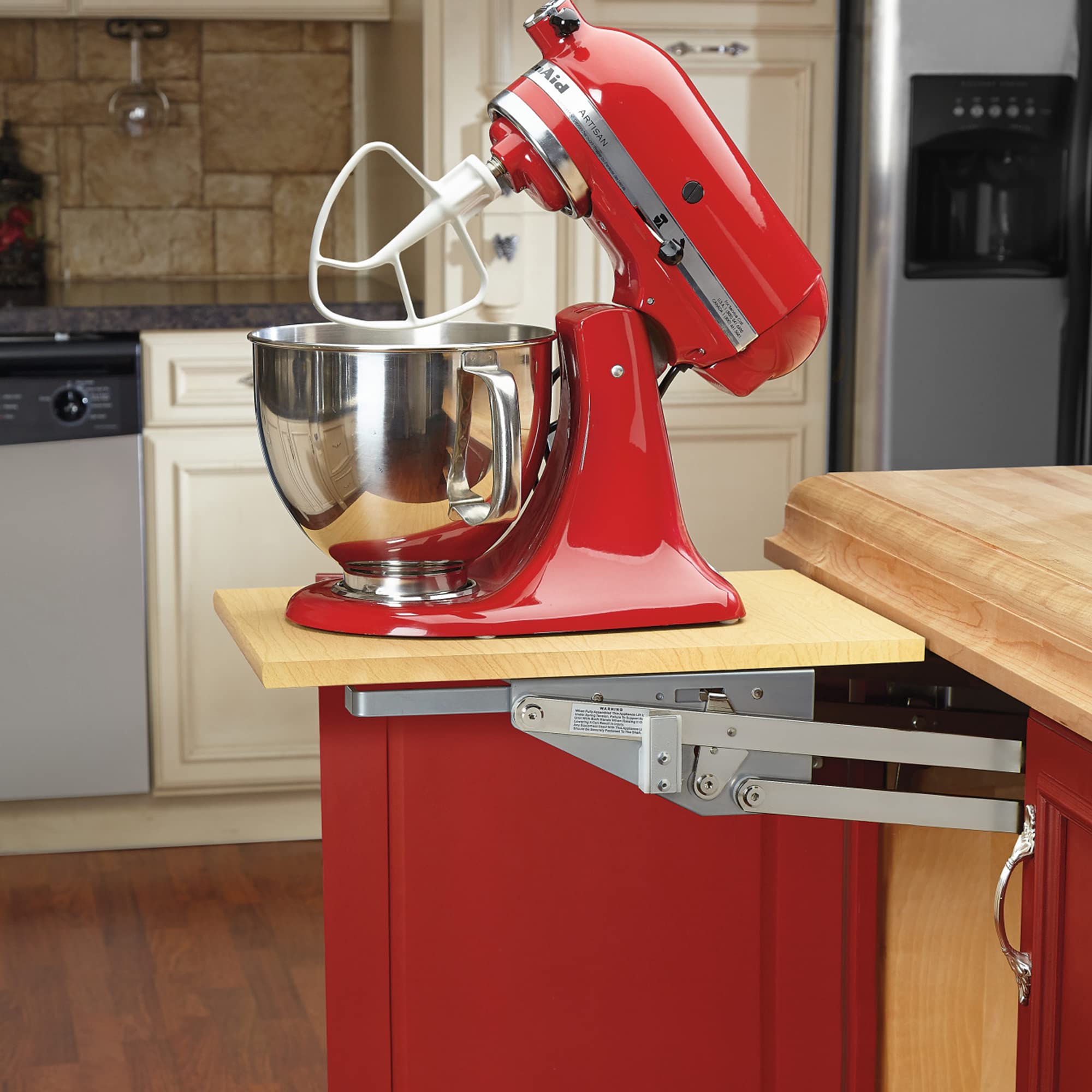 Rev-A-Shelf Heavy-Duty Stand Mixer Lift for Kitchen Base Cabinets, Zinc - Spring-Loaded Lifting System for Small Countertop Appliance Storage, Min Opening Width of 12", RAS-ML-HDCR