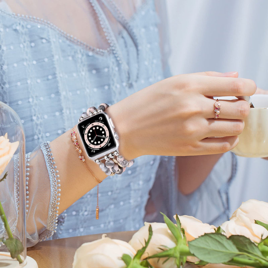 VISOOM Beaded Boho Bracelet Compatible for Apple Watch Band 40mm/38mm/41mm/42mm Series 11 10 9 8 7 SE Series 6/5/4 Women Fashion Cute Handmade Crystal Beads Stretchy Watch Strap for iWatch Bands 3/2/1