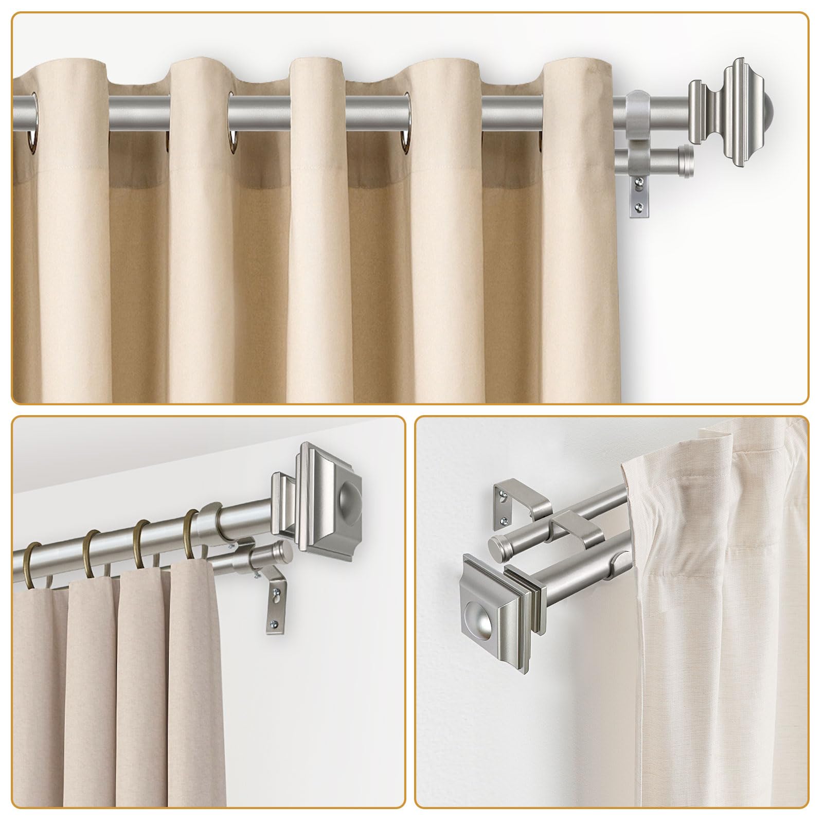 KAMANINA 1 Inch Double Curtain Rods 36 to 72 Inches (3-6 Feet) Telescoping Dark Silver Curtain Rod for Windows 24 to 68 Inches, Heavy Duty Drapery Rods with Square Finials