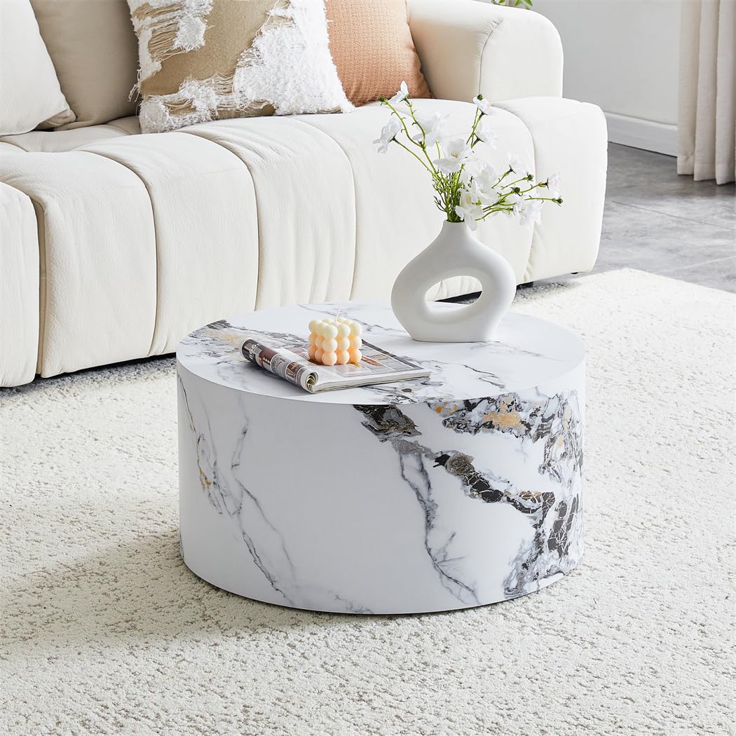 Round Coffee Table, 23.6" Modern Grey Faux Marble Drum Coffee Table, Round Accent Center Table for Living Room Apartment Small Spaces, No Assembly Required