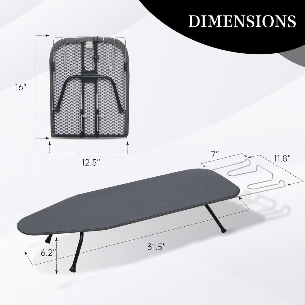 ZOES HOMEWARE Metal Mesh Panel Tabletop Ironing Board | Foldable Iron Board | Heavy Duty Small Iron Board with Heat Resistant Cover and 100% Cotton 8mm Thicken Pad | 31.5"x11.8"x6.2"