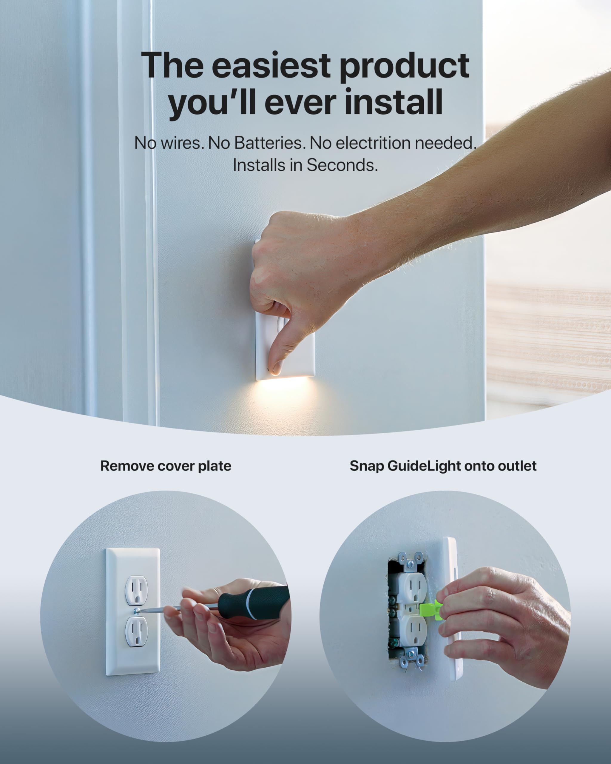 Single - SnapPower GuideLight [For GFCI Outlets] - Replaces Plug-In Night Light - Electrical Receptacle Wall Plate with LED Night Lights - Auto On/Off Sensor - (GFCI, White)