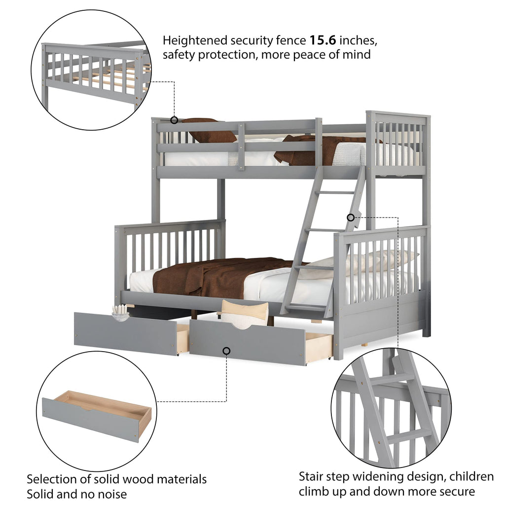 Merax Wood Bunk Bed with Two Drawers,Convertible Wood Bunk Bed with Ladders and Two Storage Drawers,Solid Wood Detachable Bed Frame with Ladders, Twin Over Full Size, Espresso