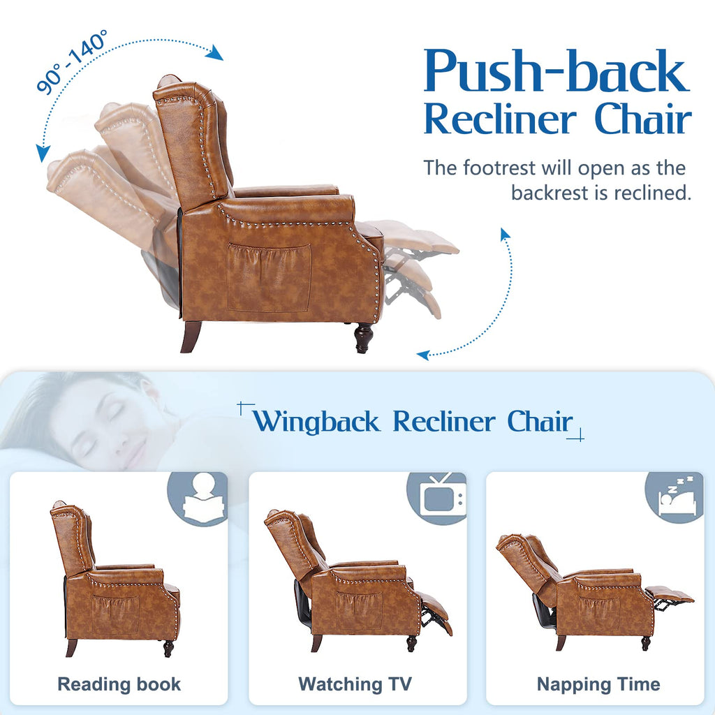 Wingback Chair with Massage and Heat, Tufted Fabric Pushback Recliner Chair, Wingback Recliner Chair with Remote Control, Padded Cushion, Wooden Legs, Small Recliners for Small Spaces