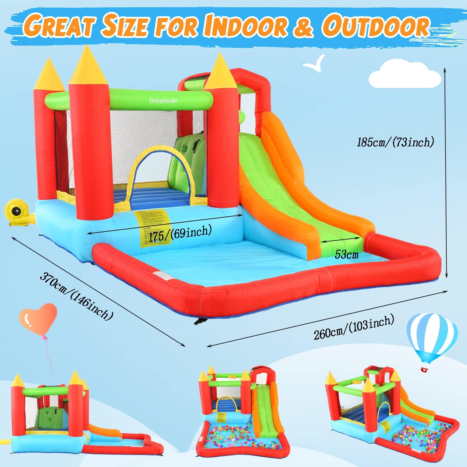 Bounce House,Inflatable Bounce Castle with Blower for Kids 3-12,Outdoor/Indoor Bouncy House Water Park for Backyard with Splash Slide,Climbing Wall,Ball Pit,Jumping Area (146" x 103" x 73")