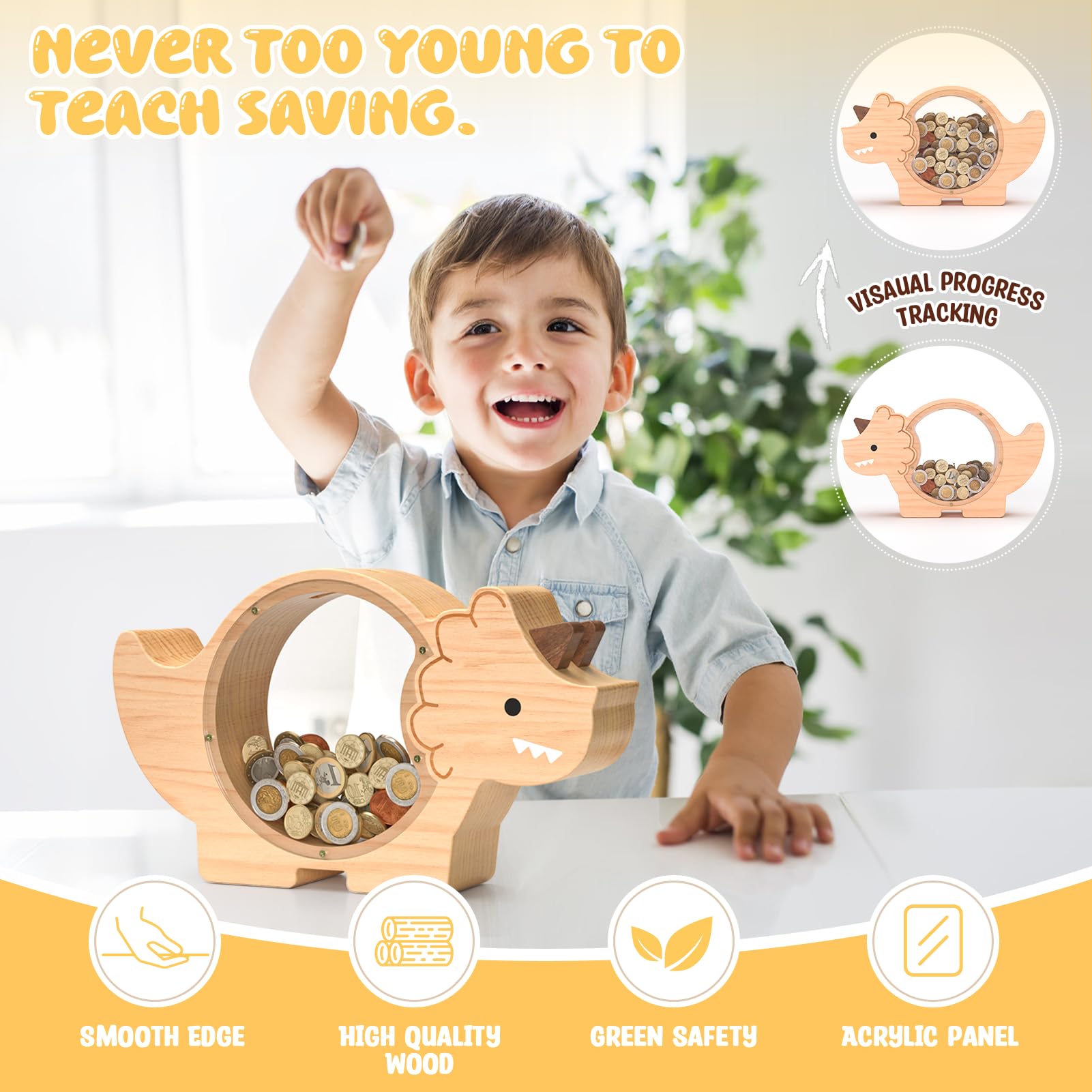 Summidate Wooden Dinosaur Piggy Bank for Kids Boys, Cute Wood Dino Money Bank for Toddlers, Creative Saving Coin Jar, Personalized Present for Child Birthday & Decor (Brachiosaurus, Custom)