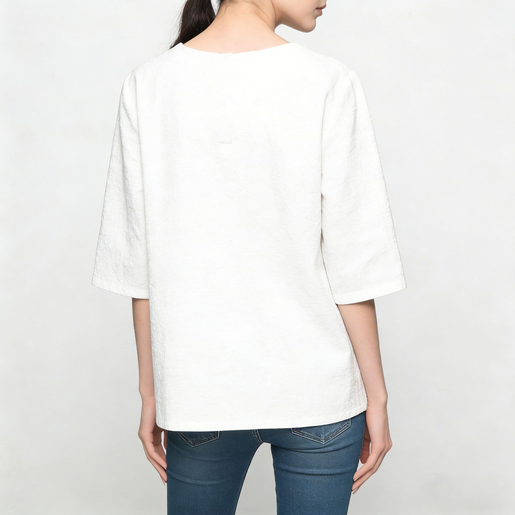Minibee Women's 3/4 Sleeve Cotton Linen Jacquard Blouses Top T-Shirt