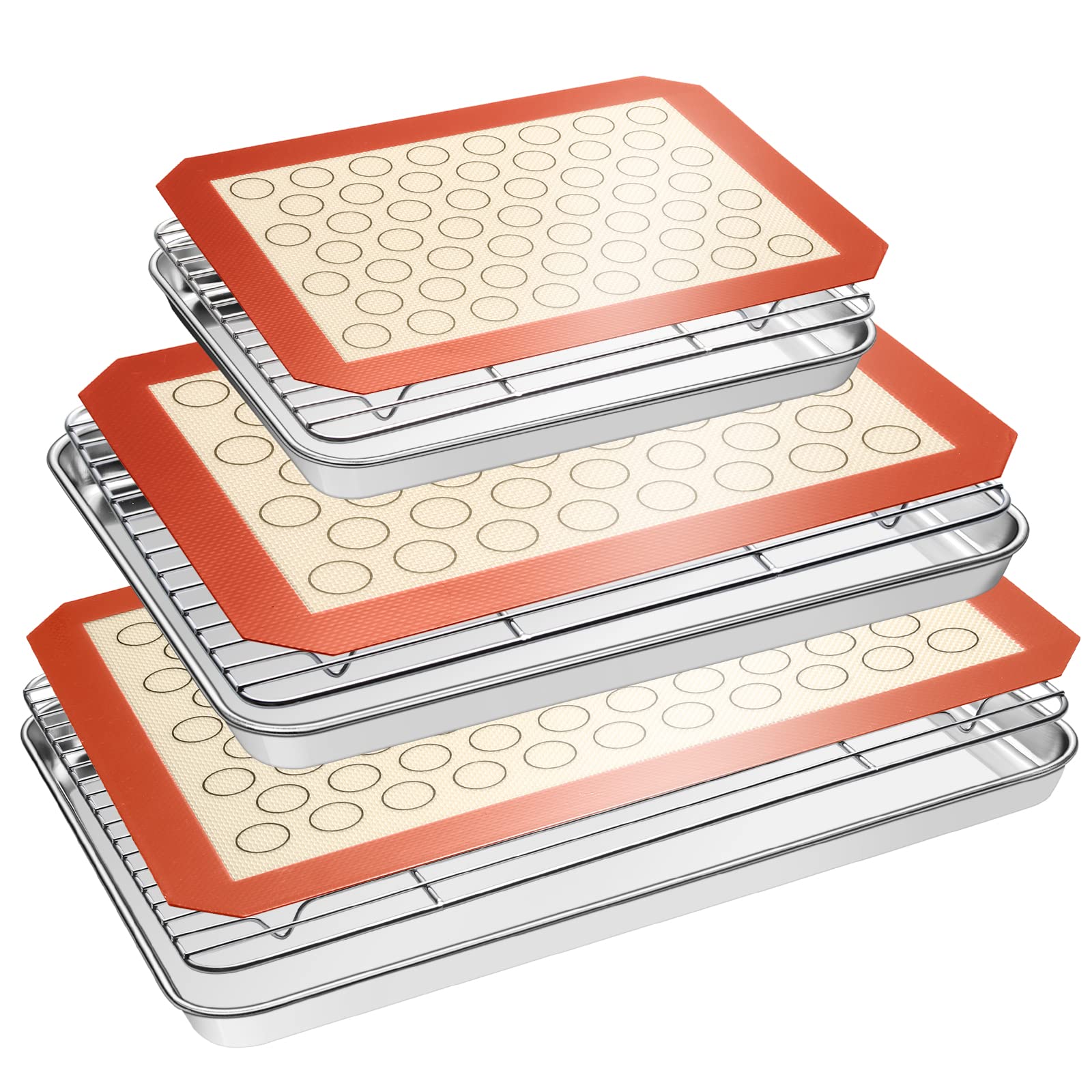 Baking Sheet Tray Cooling Rack with Silicone Mat Set, Stainless Steel Cookie Pan For Oven, Set of 9 (3 Sheets + 3 Racks Mats), Warp Resistant & Heavy Duty & Easy Clean, Grey