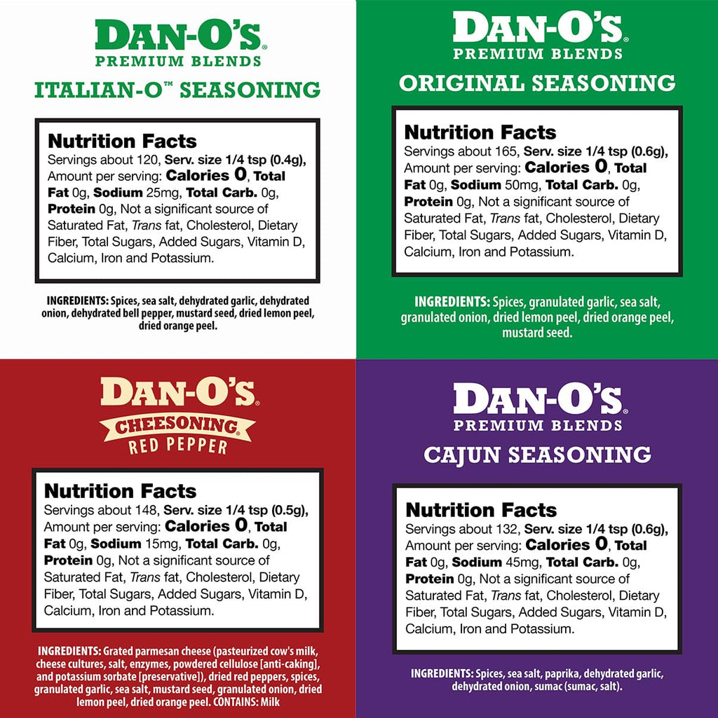 Dan-O's Cheesoning Block Seasoning Set, Small Bottles, 4 Pack, Includes Ranch Cheesoning, Red Pepper Cheesoning, Cheesoning, and Jalapeño Cheesoning Seasonings, Sugar Free, Zero Calorie, Use this Seasoning Kit in Pasta, Toppings or Sauce
