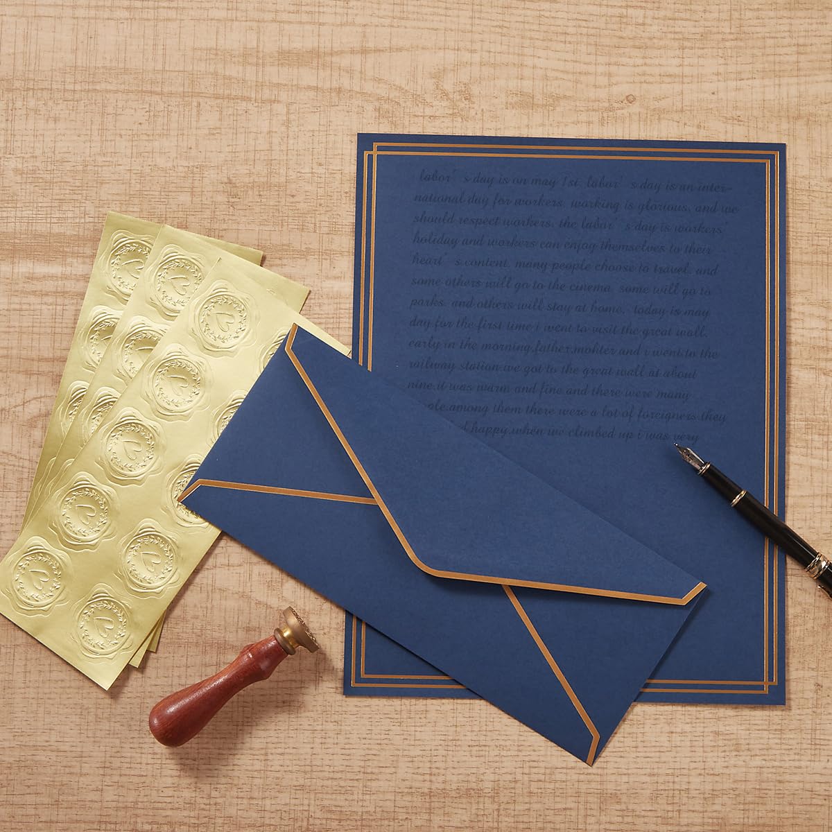 50 Pack Stationery Set with Envelopes, Cream Color, 8.5x11 Inches | Gold Border, #10 Business Envelopes and 8.5x11 Paper Sheets, Stickers for Letter Writing, Invitations