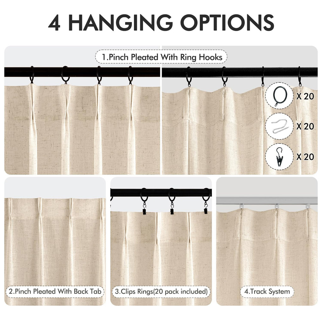 MIULEE Pinch Pleated Linen Curtains 84 Inches Long 2 Panels for Bedroom Living Room, Soft Thick Linen Textured Window Drapes Back Tab Hooks Semi Sheer Light Filtering Farmhouse，Beige