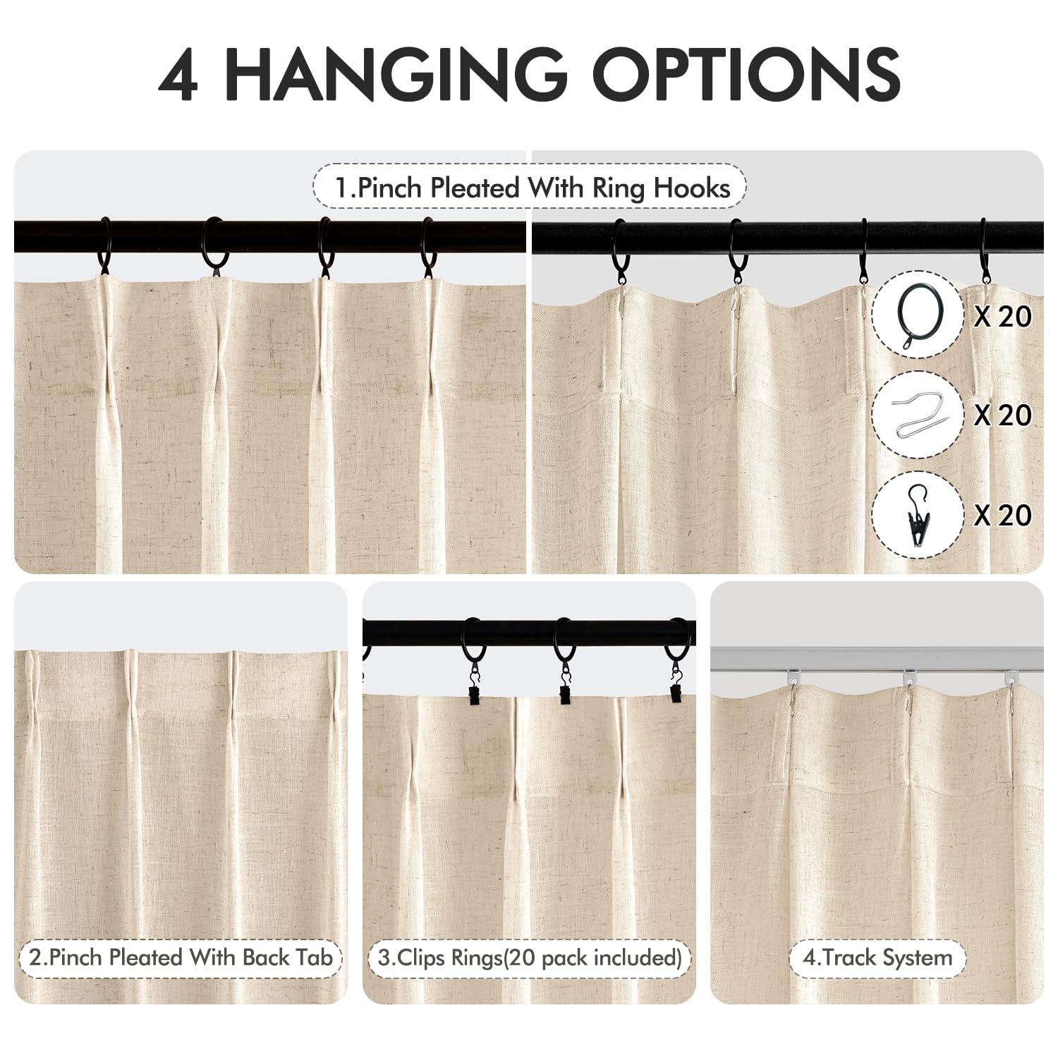 MIULEE Pinch Pleated Linen Curtains 84 Inches Long 2 Panels for Bedroom Living Room, Soft Thick Linen Textured Window Drapes Back Tab Hooks Semi Sheer Light Filtering Farmhouse，Beige