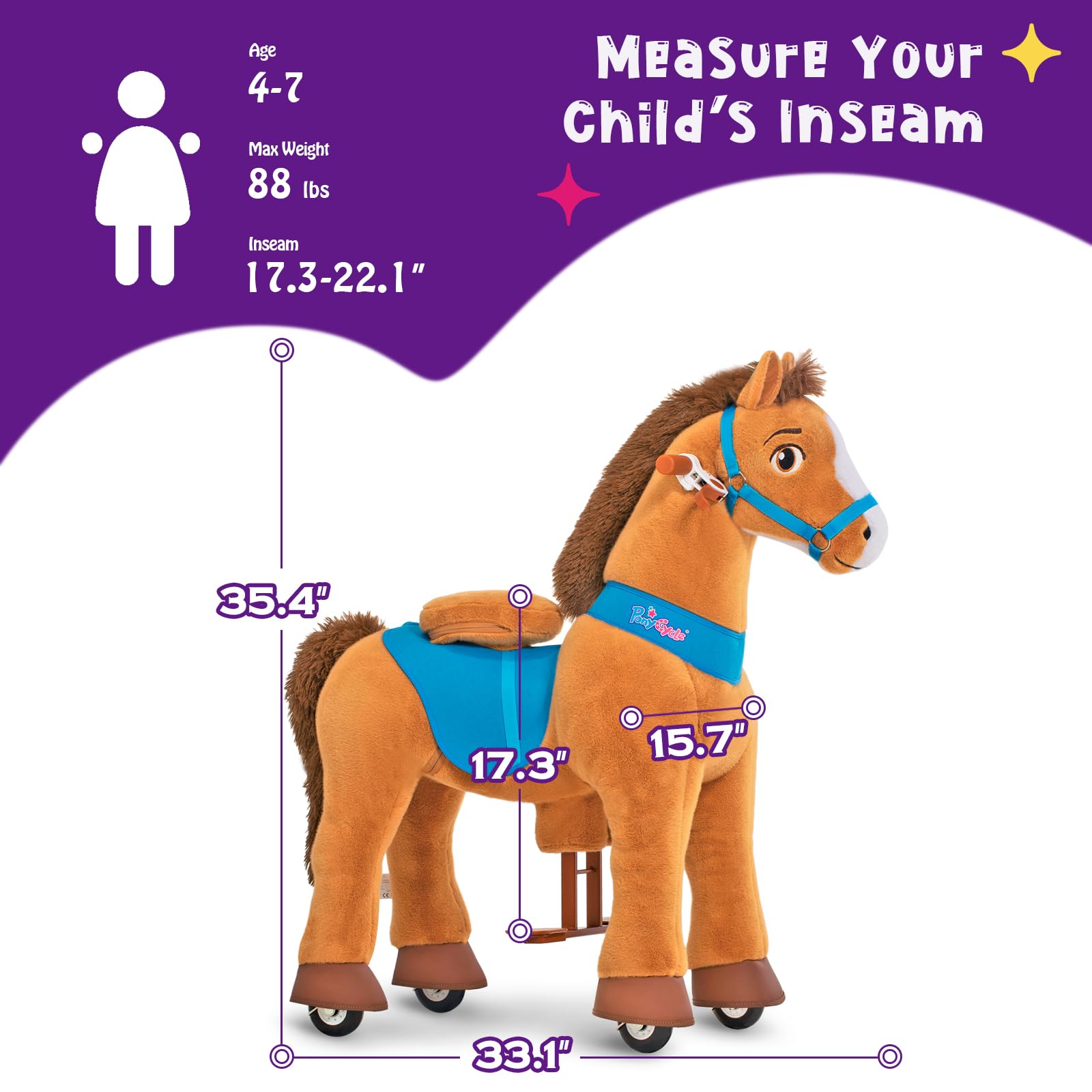 PonyCycle Ride on Toys Riding Black Horse Toys No Battery Required (with Brake/ 30" Height/Size 3) Pony Rider Walking Animals Rocking Horse Ride on Horse for Kids Riding Toys E338