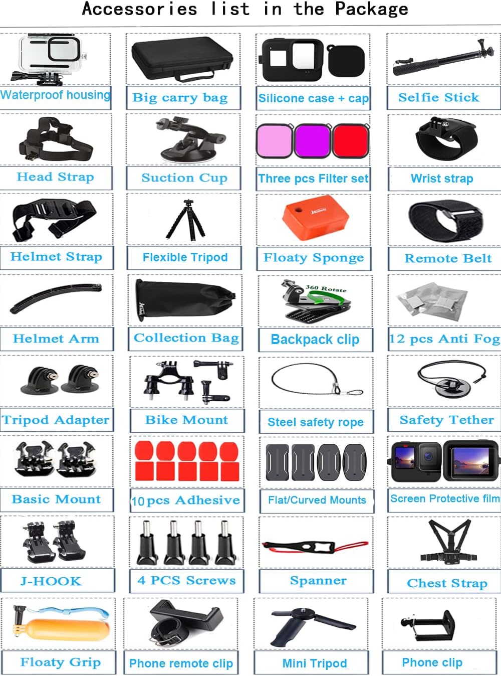 Accessories Kit for Gopro Hero 13 12 11 10 9 Black Waterproof Housing Silicone Case Glass Screen Protector Bundle for Go pro Gopro13 Gopro12 Gopro11 Gopro10 Hero13 Hero12 Hero11 Hero10 Camera 62E