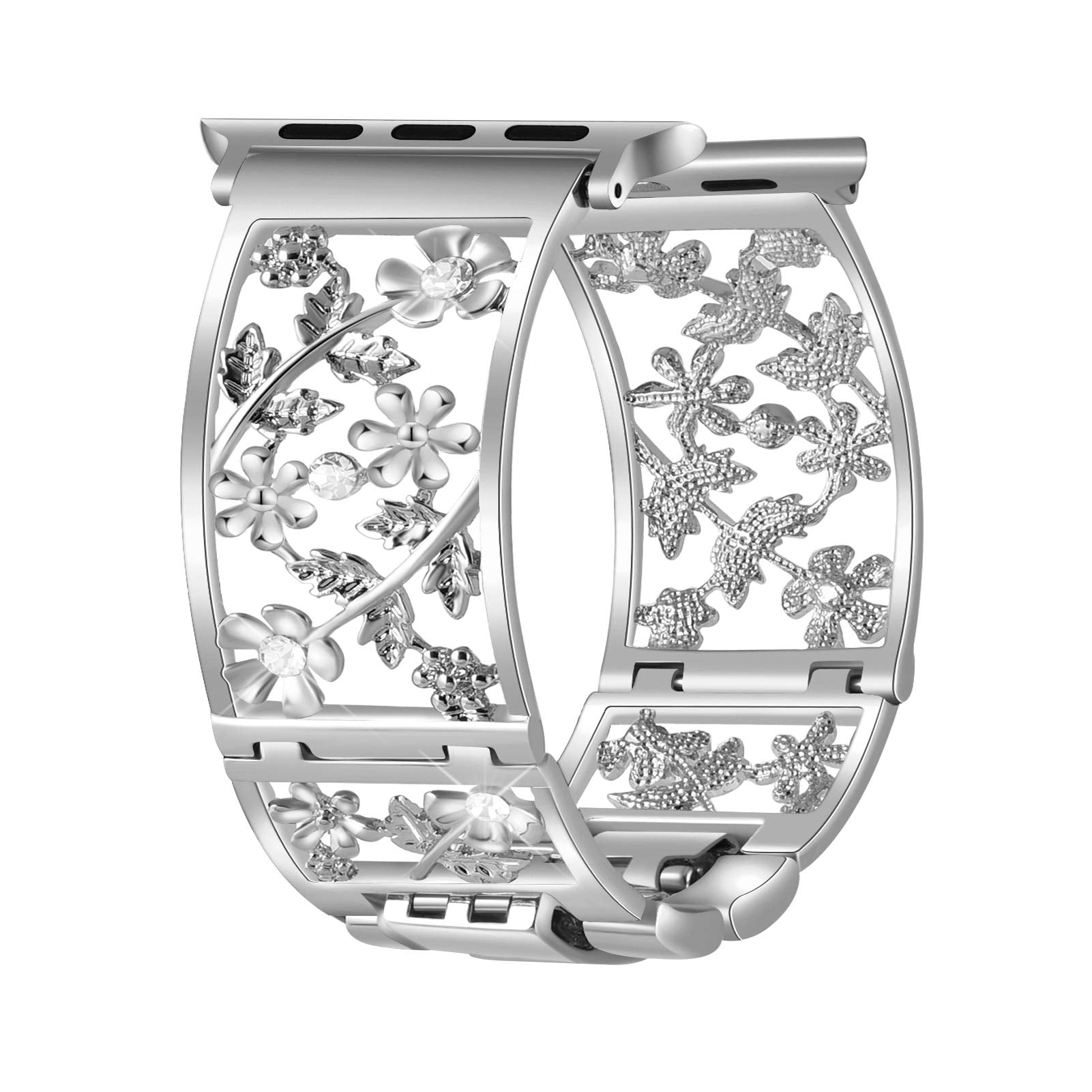 Floral Band Compatible with Apple Watch Jewelry Band 38mm 40mm 41mm 42mm iWatch Bands Series 11 10 9 8 7 6,Bling Crystal Bracelet Hollow Metal Strap,Fashion Women Wristband(38/40/41/42mm,Black)