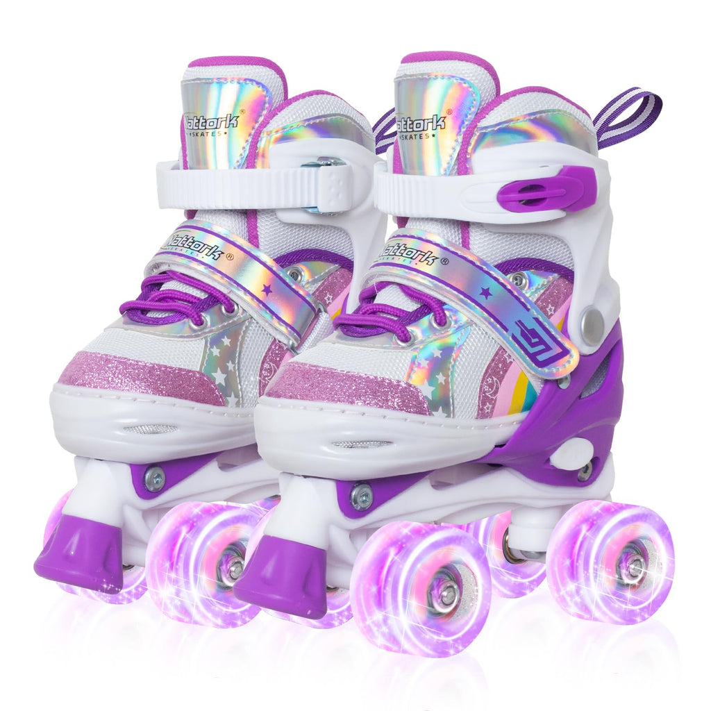 Nattork Girls Roller Skates for Kids, 4 Size Adjustable Rainbow Quad Skates with All Light Up Wheels - Best Birthday Gift for Outdoor Sports